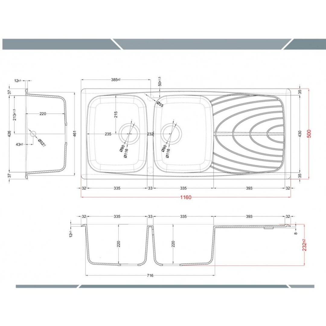 Disegno tecnico di un'unità a doppio lavello con dimensioni e viste.