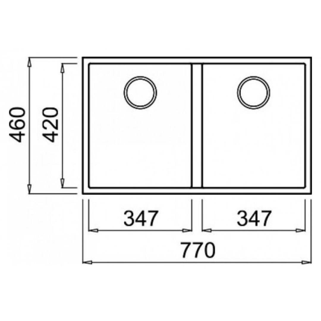 Lavello a due vasche con dimensioni: 770x460x420mm.