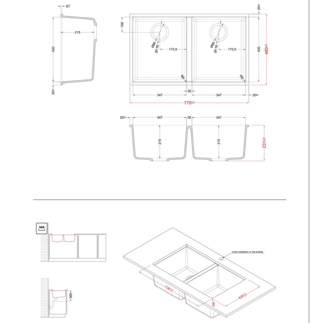 Disegno tecnico di un doppio lavello con dimensioni e viste di installazione.