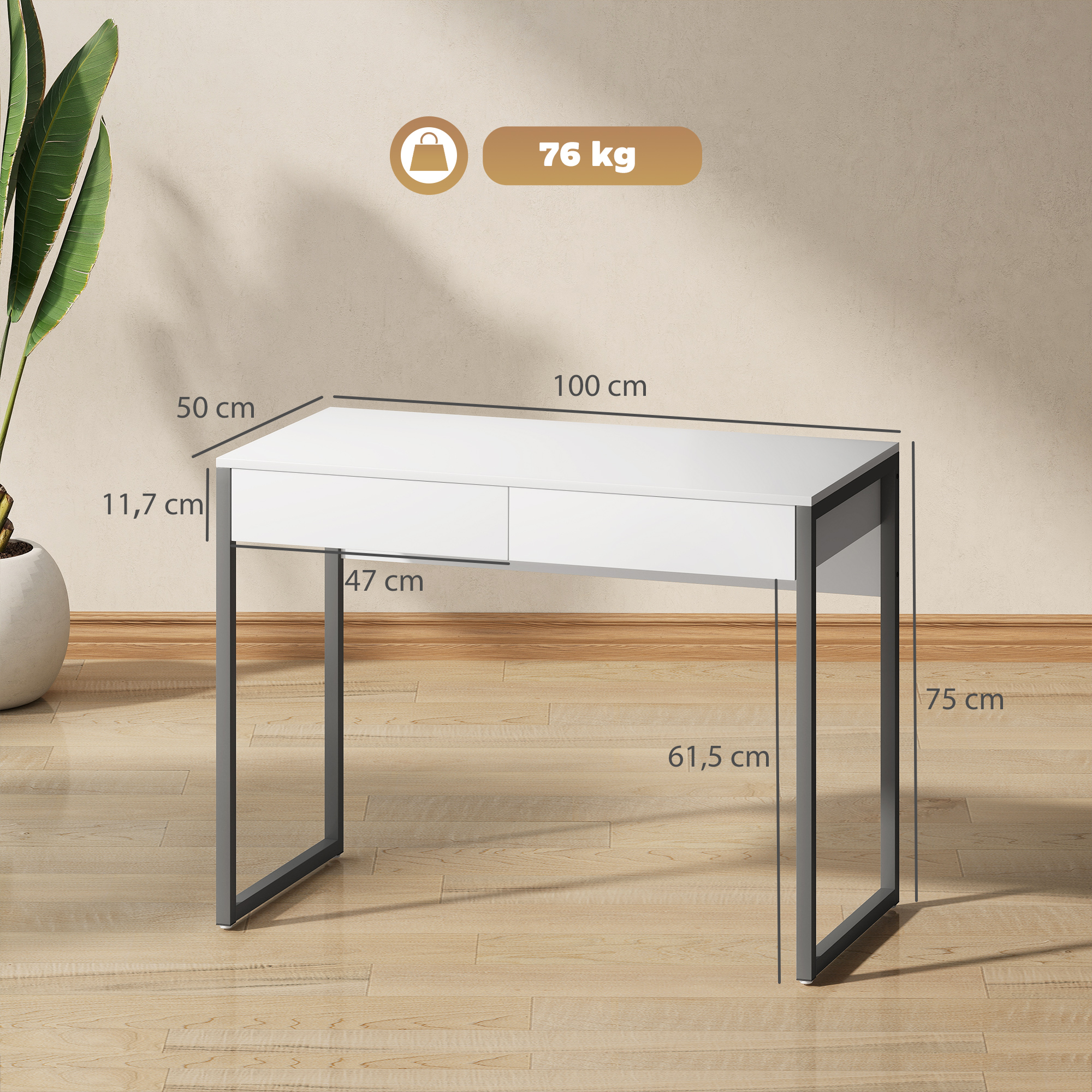 Escritorio moderno blanco con dos cajones y patas metálicas. Dimensiones: 100x50x75cm.