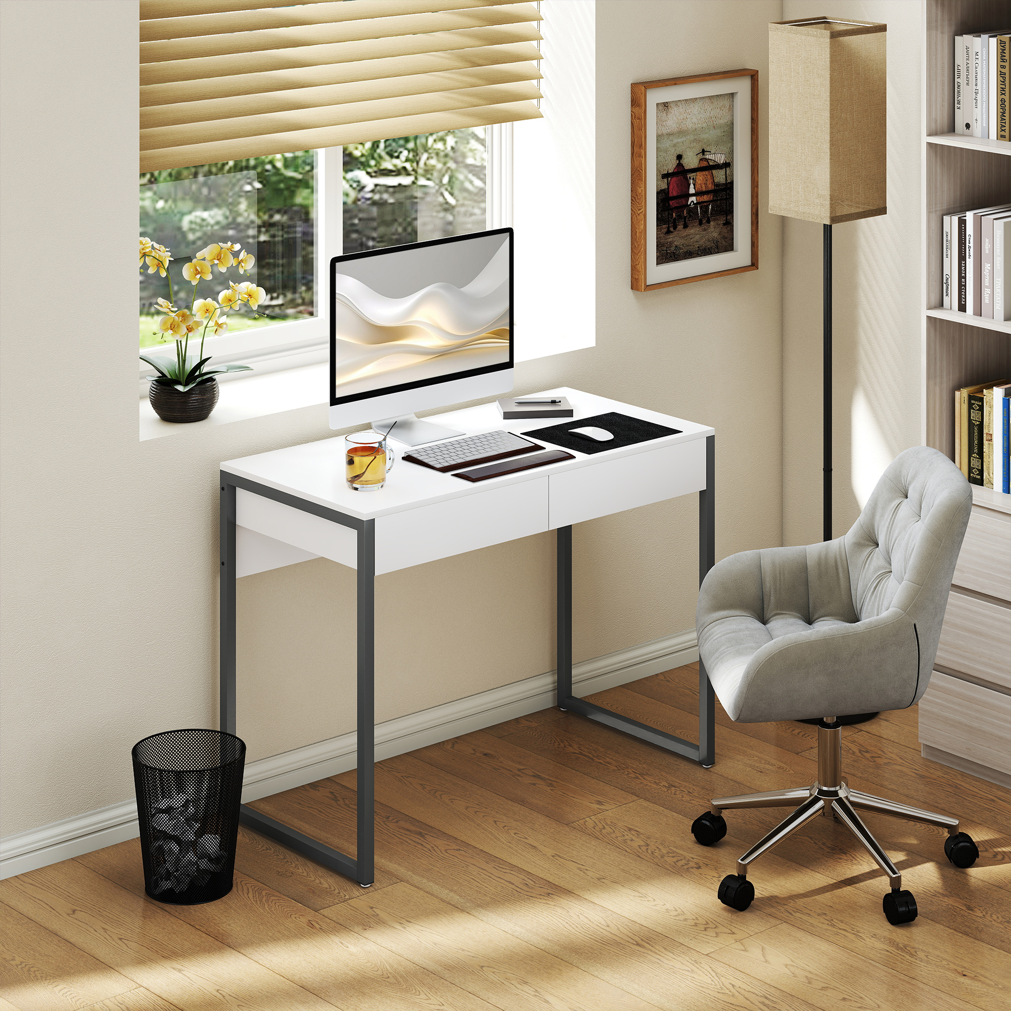 Un espacio de trabajo moderno con escritorio blanco, monitor de computadora, teclado, ratón y silla tapizada.