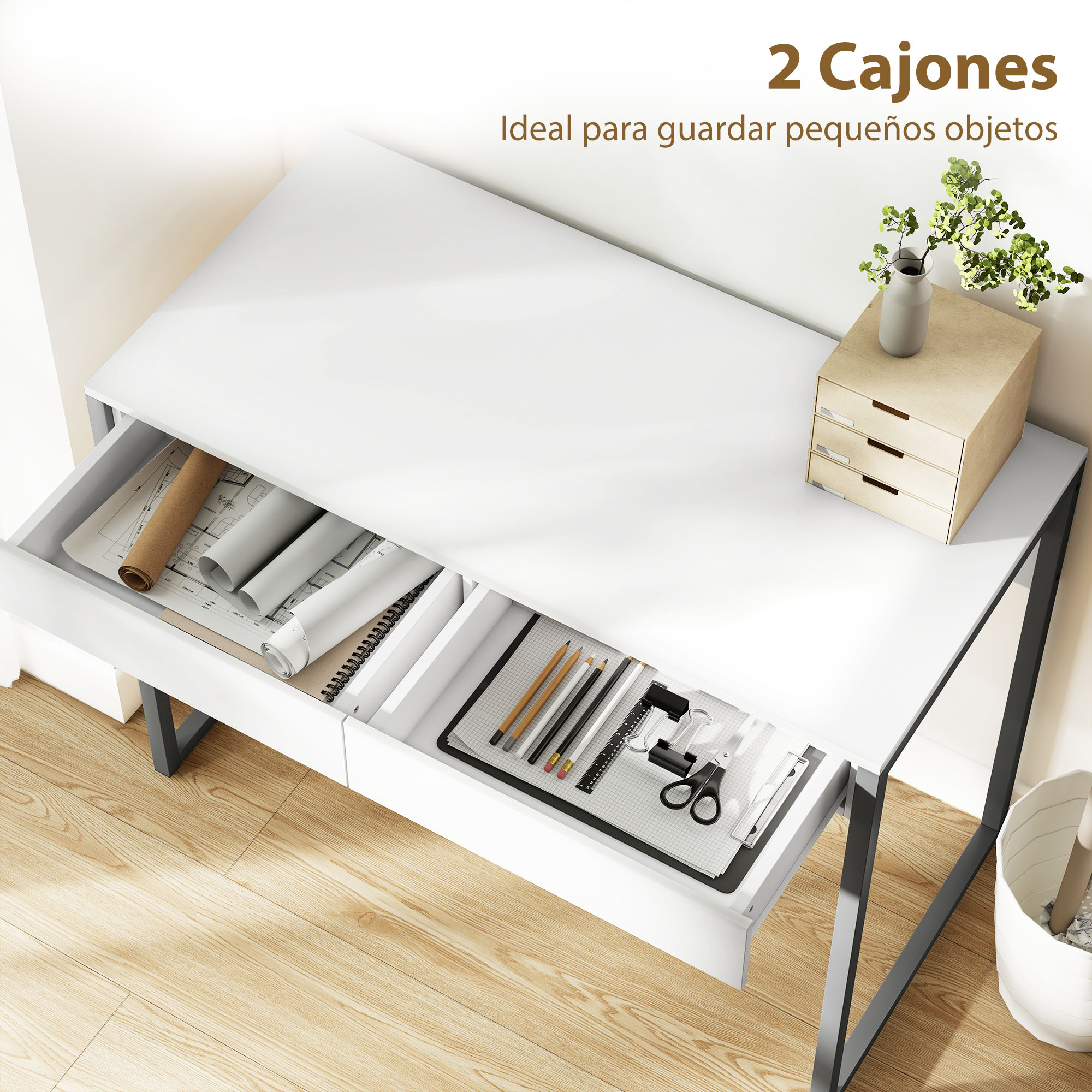 Escritorio blanco con cajones abiertos llenos de papeles y material de oficina.