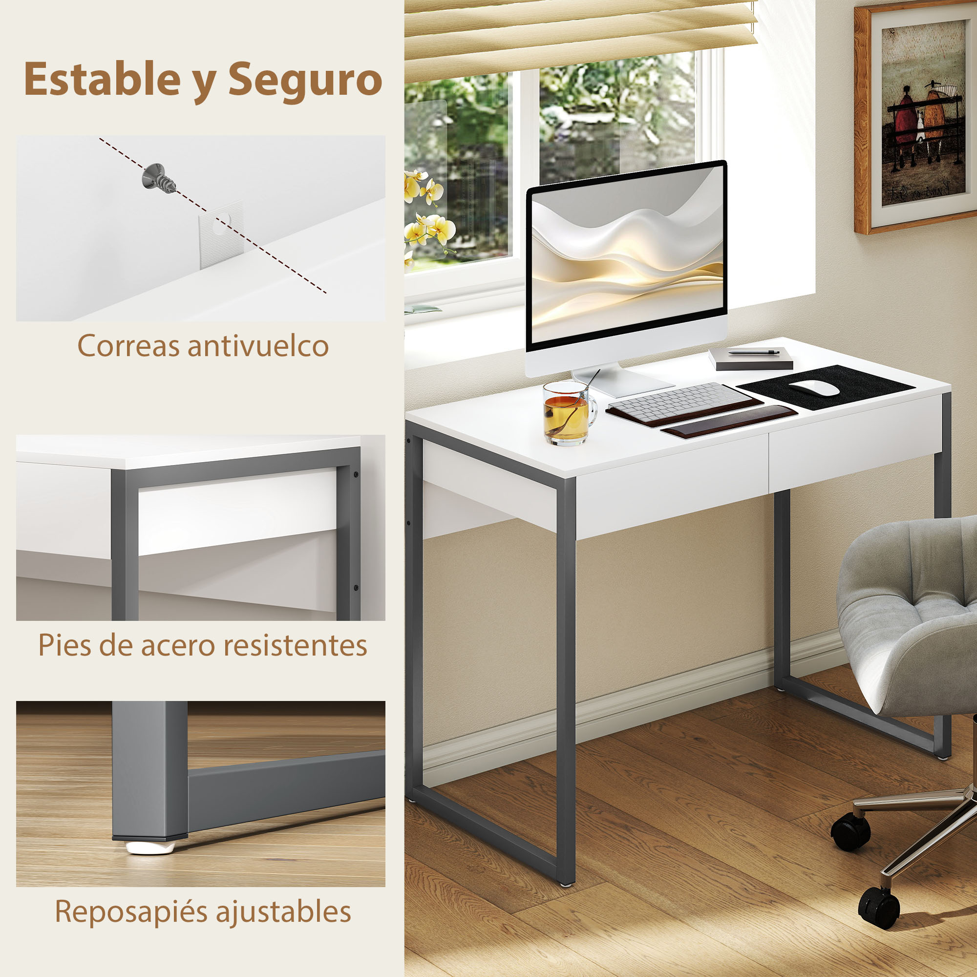 Escritorio blanco moderno con computadora, teclado, mouse, vaso y cajones.