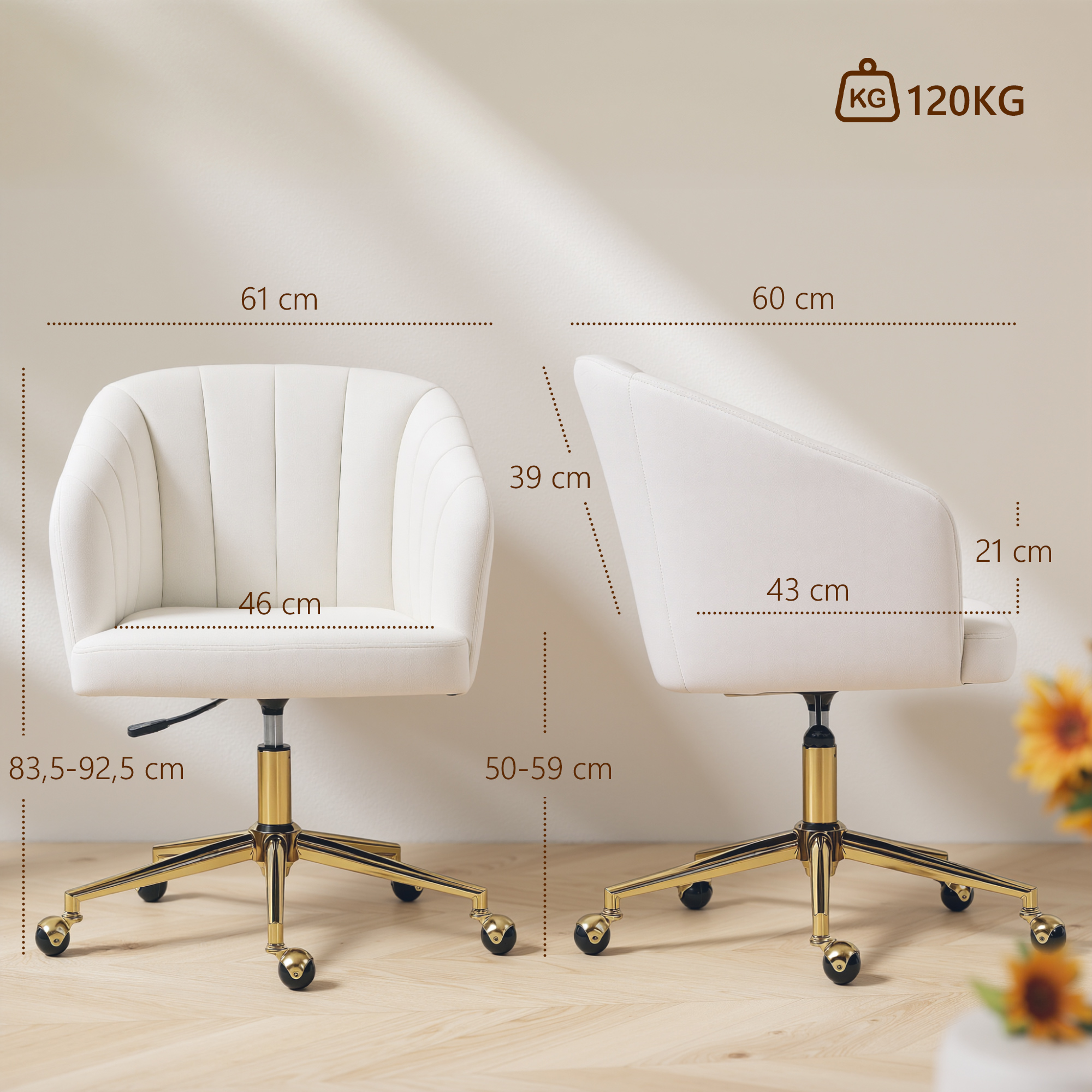 Silla de oficina blanca con detalles dorados y ruedas. Se muestran las dimensiones.