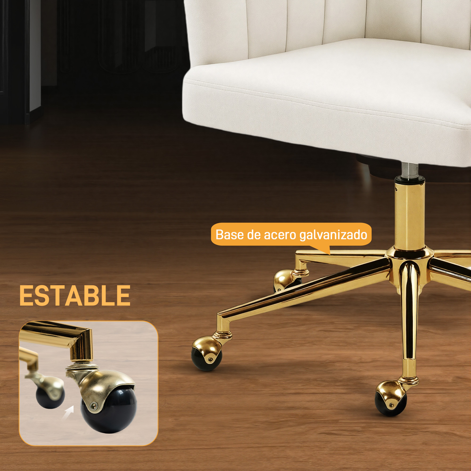 Una silla de oficina blanca con base dorada y ruedas sobre suelo de madera.