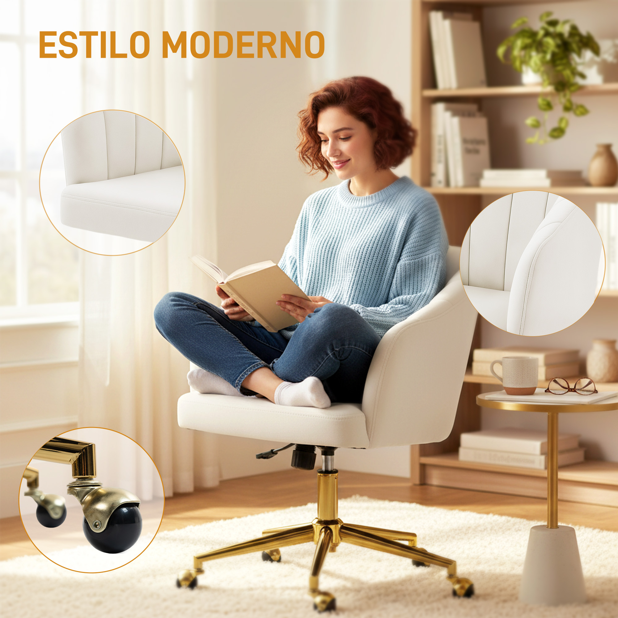 Mujer leyendo un libro en silla blanca con ruedas doradas, estantería al fondo.