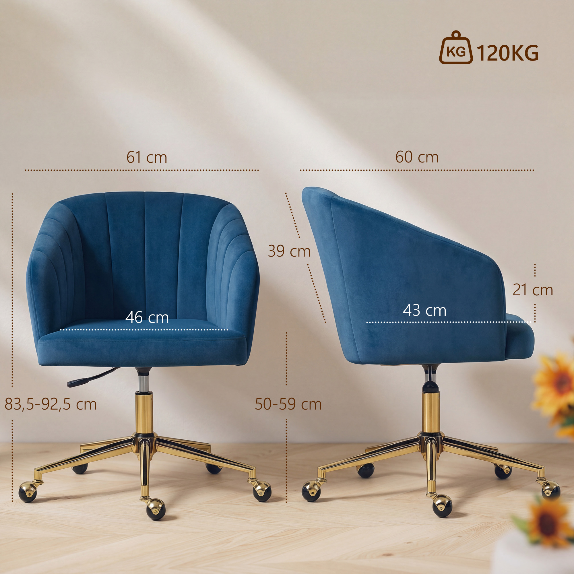 Una silla de oficina azul con base dorada y ruedas, mostrando dimensiones.