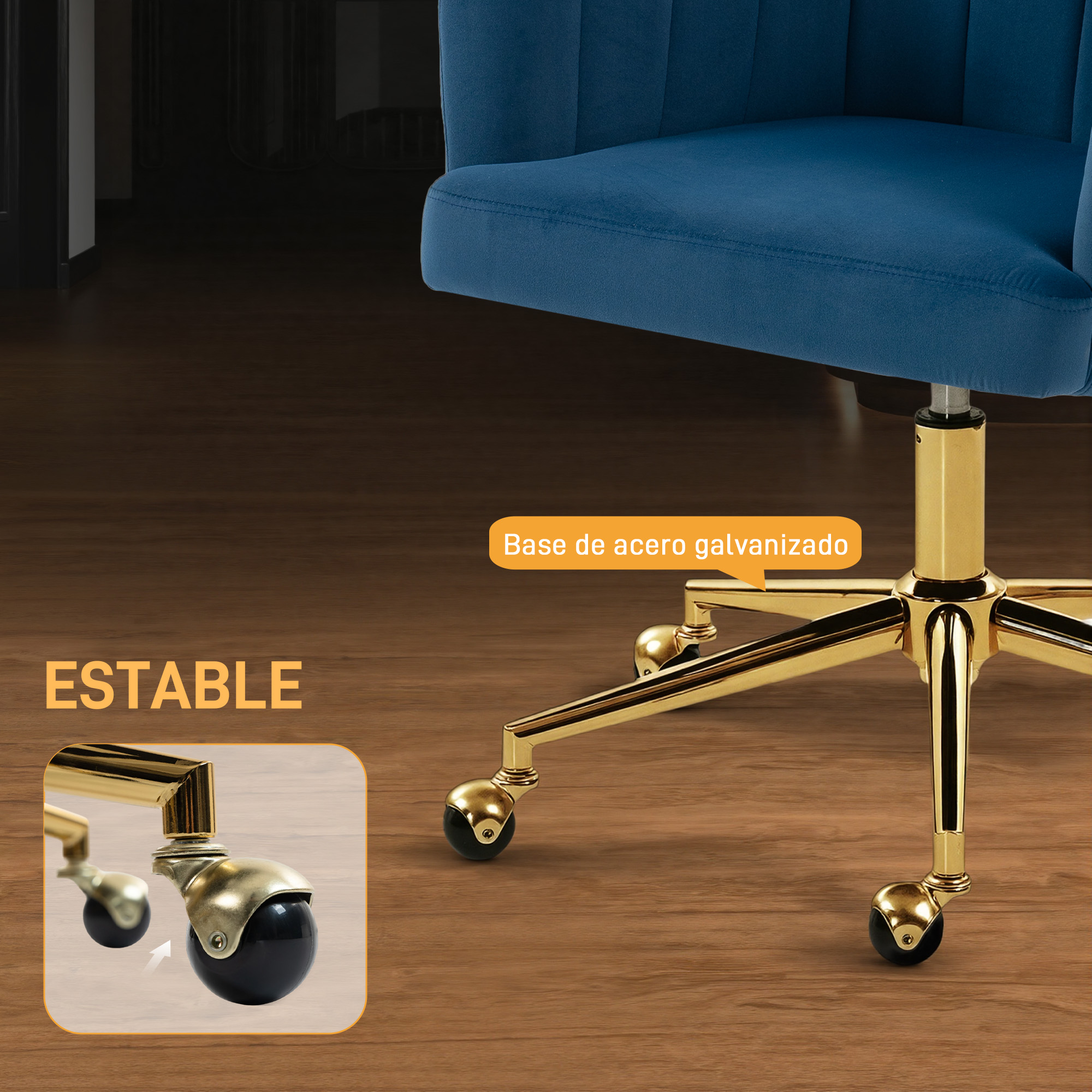 Silla de oficina azul con base dorada y ruedas sobre suelo de madera.