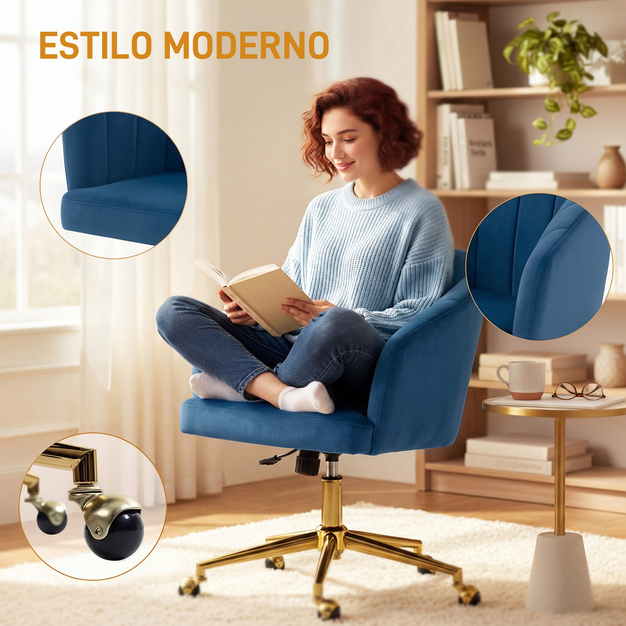 Una mujer lee un libro en un sillón azul con ruedas y base dorada.