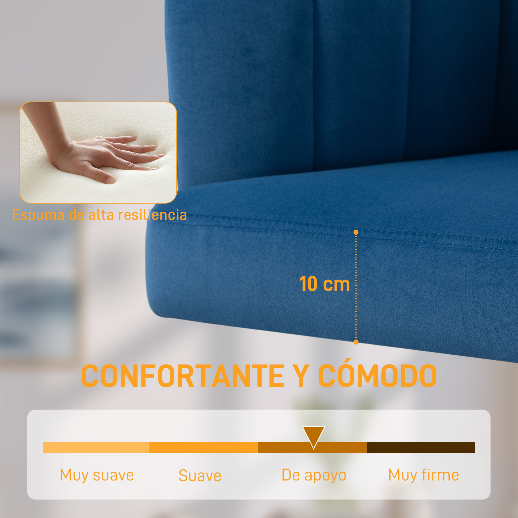 Mueble tapizado azul con espuma de 10 cm. Confortable y acogedor.