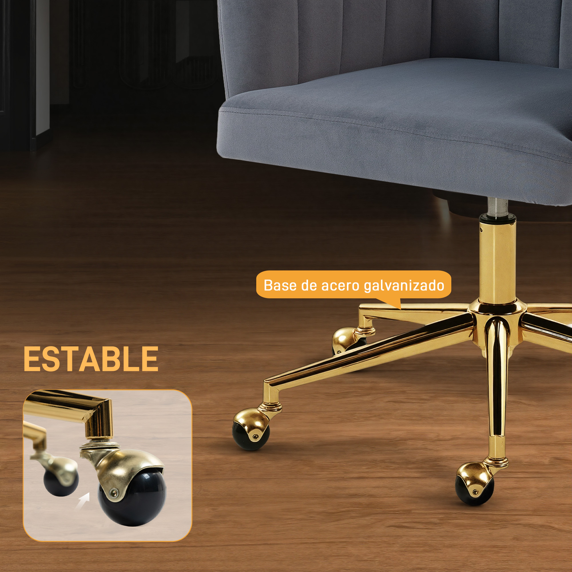 Silla de oficina gris con base dorada y ruedas negras sobre suelo de madera.