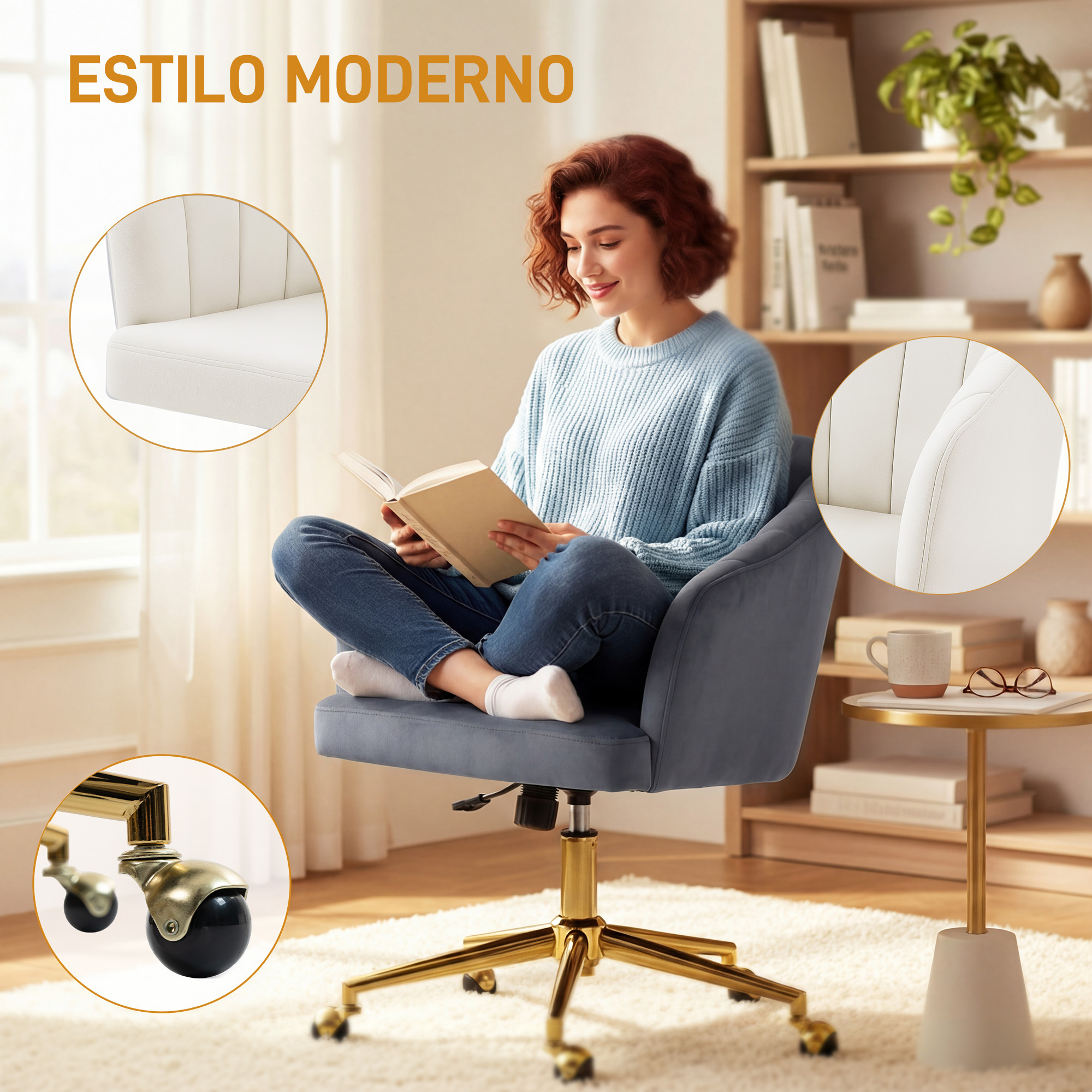 Una mujer pelirroja lee un libro en una silla gris con ruedas.