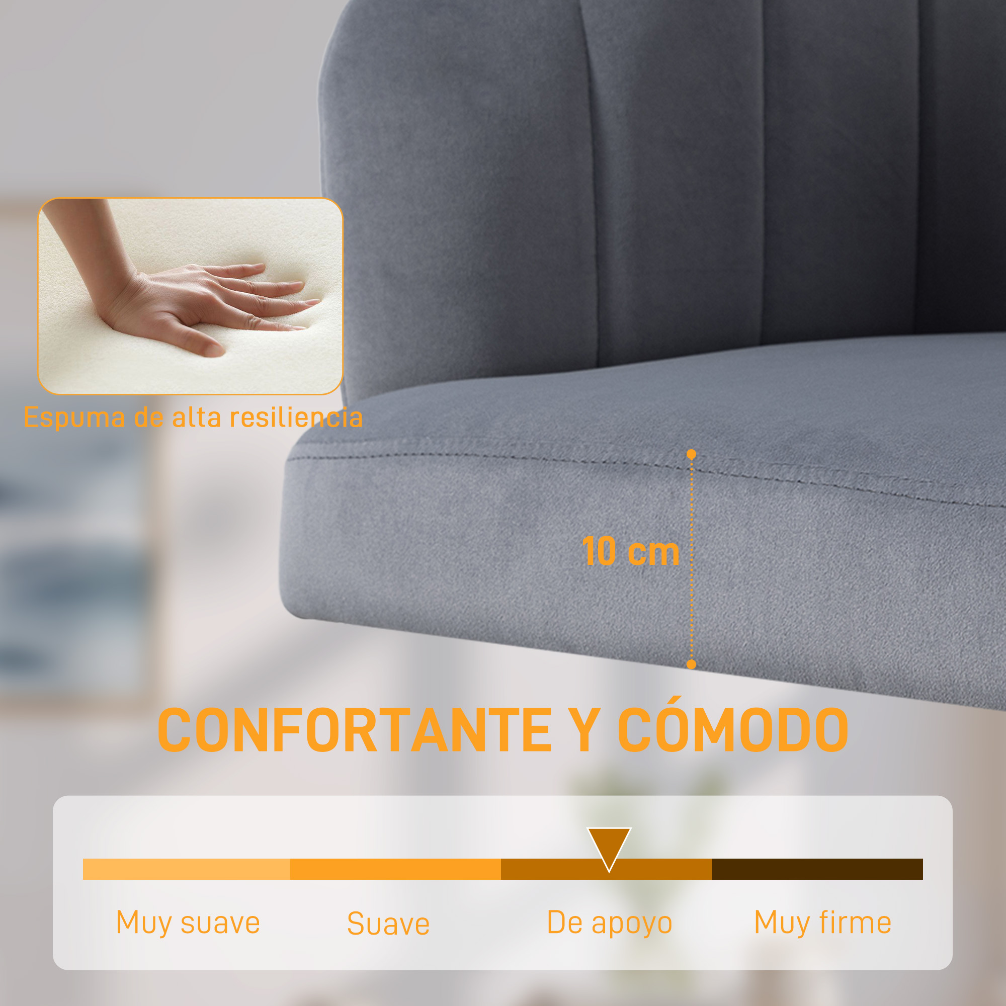 Silla de tela gris con acolchado de 10cm y escala de confort.