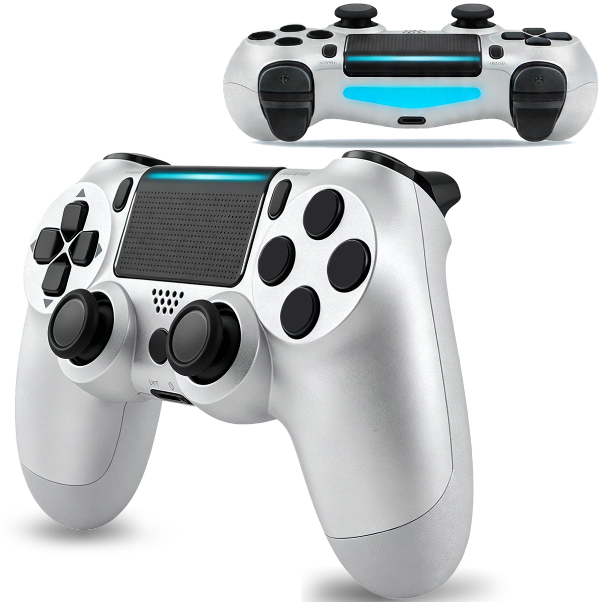 Zwei silberne Controller nebeneinander, einer vorne groß, einer hinten klein.