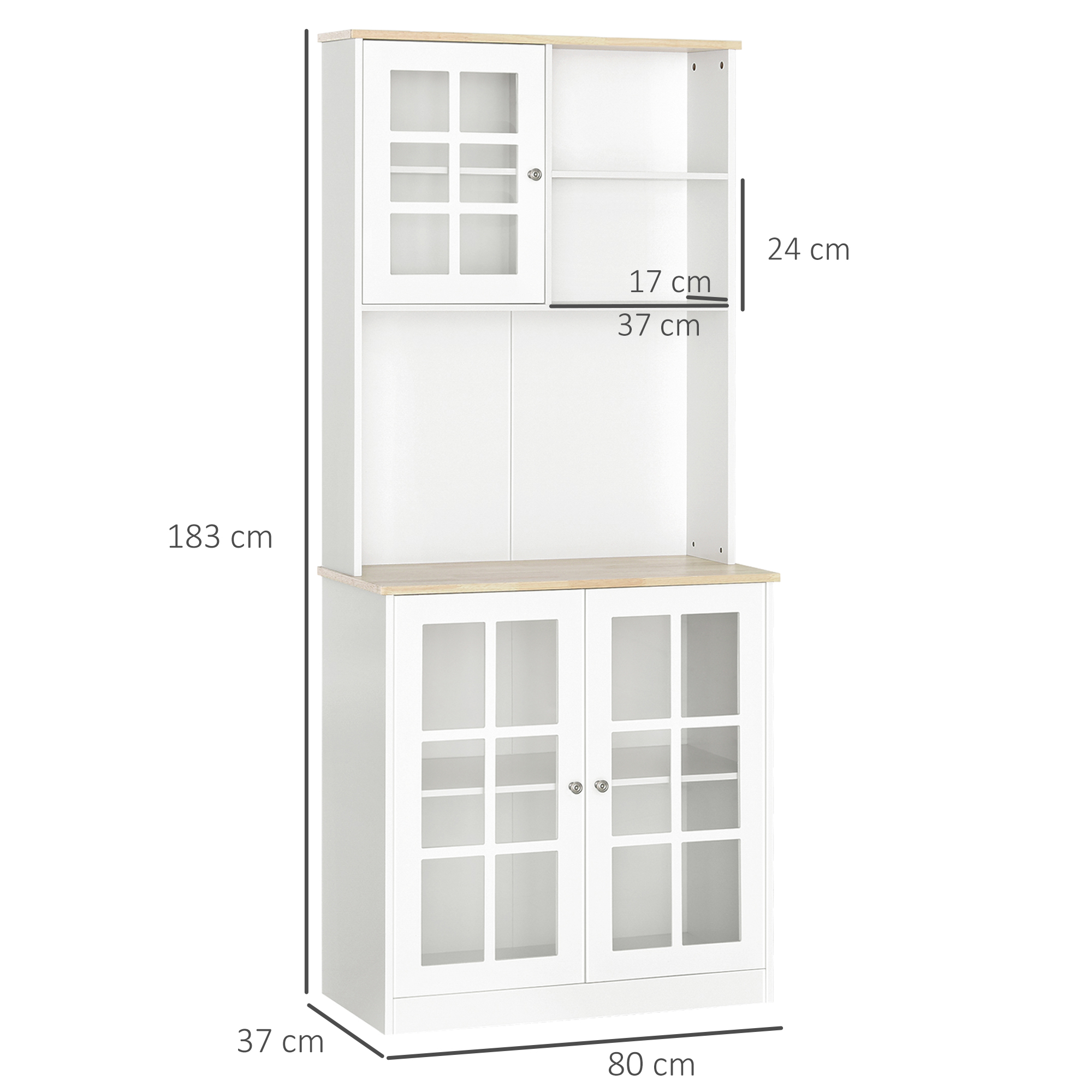 Un aparador blanco de cocina con puertas de cristal y detalles de madera. Se muestran dimensiones.