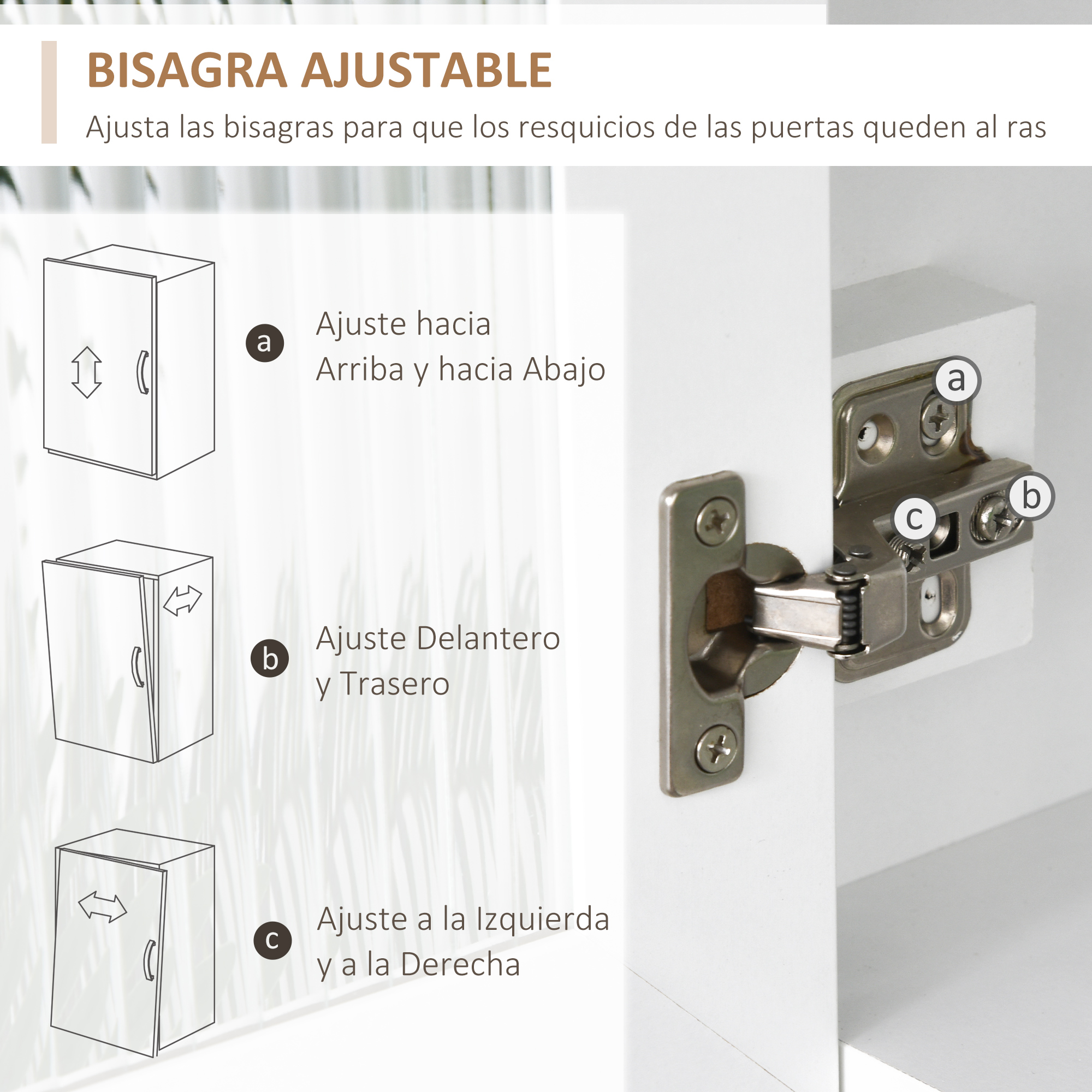 Diagrama de ajuste de bisagras de puerta: arriba/abajo, delante/atrás, izquierda/derecha.