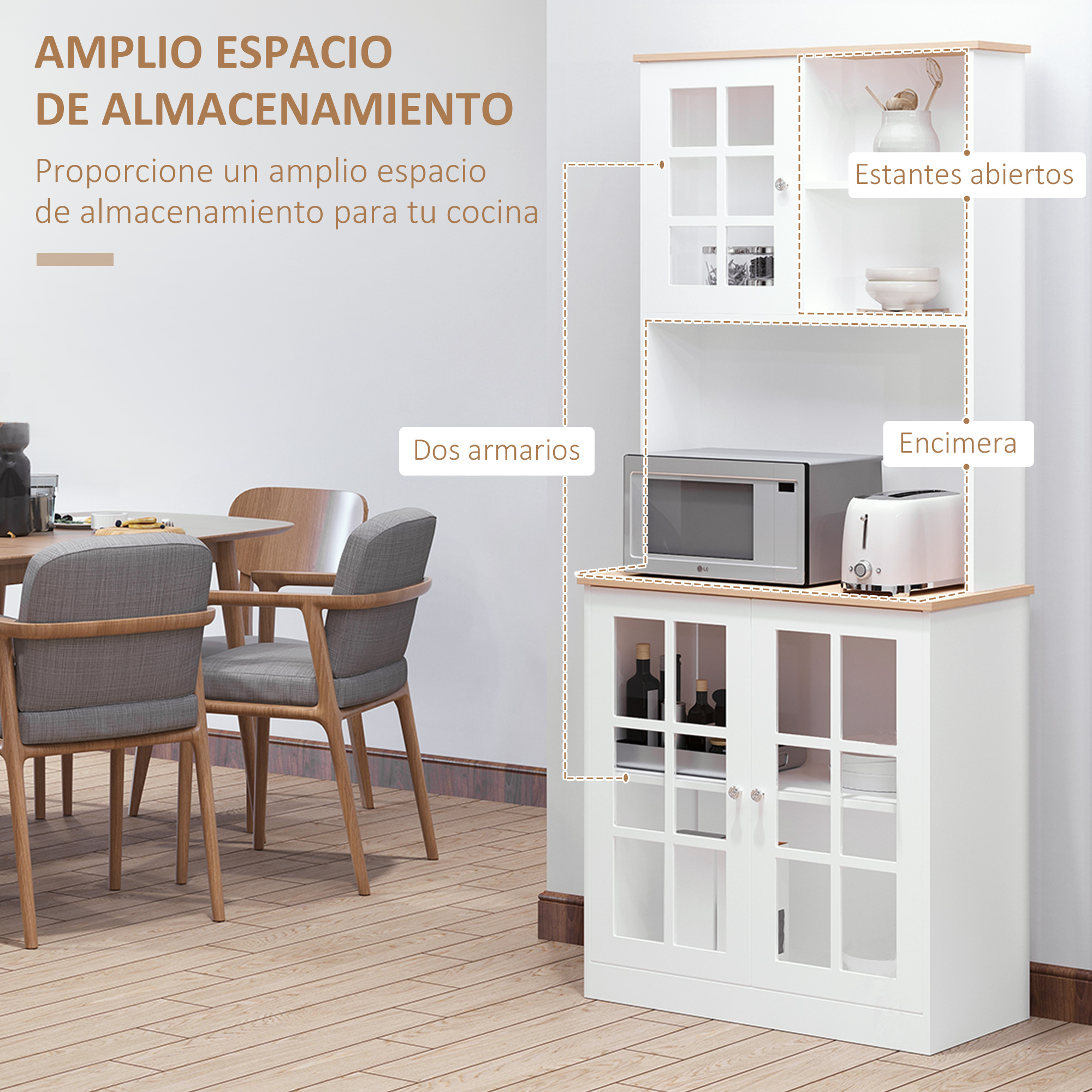 Un mueble de cocina blanco con puertas de cristal, microondas, tostadora y comedor.