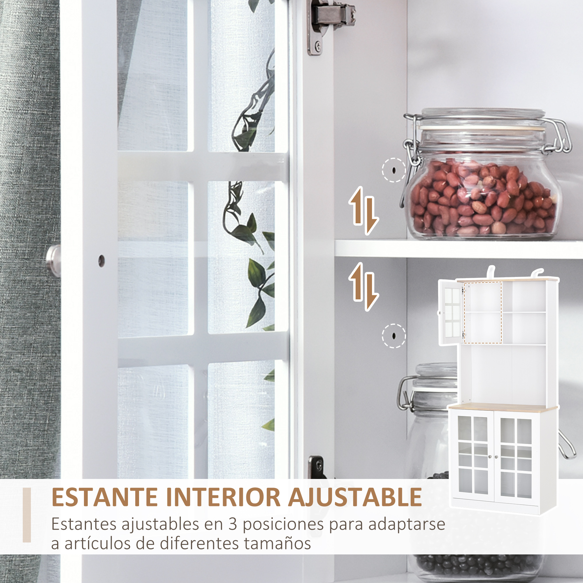 Un armario blanco con tarros de cristal, dentro un pequeño armario con puertas de cristal.