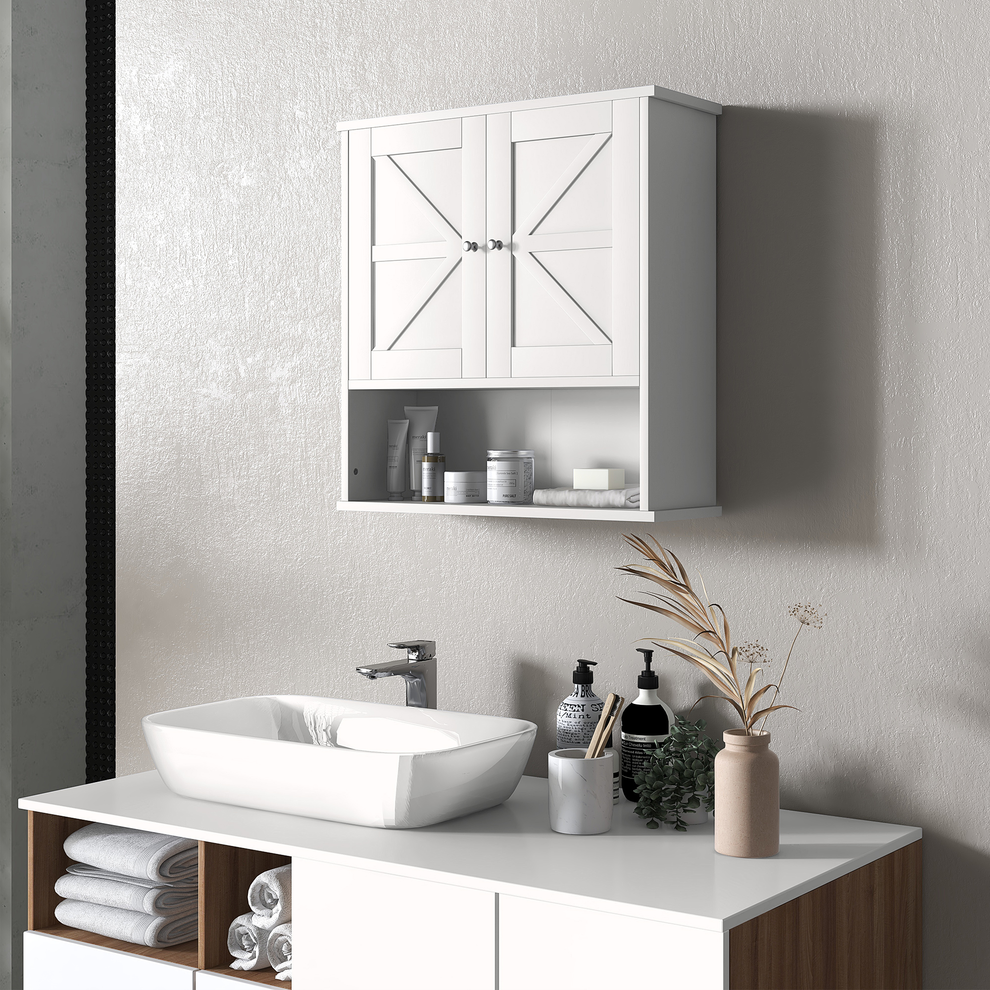 Gabinete blanco de baño sobre lavabo con artículos de tocador y plantas.