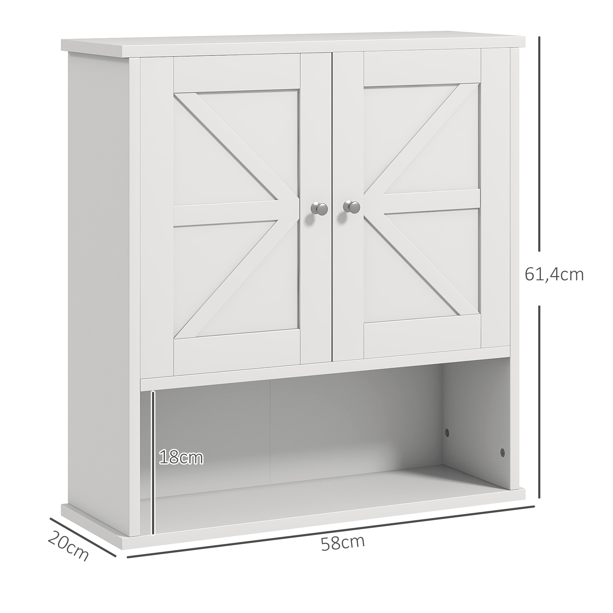 Armario blanco de pared con dos puertas y estante abierto. Dimensiones: 61,4x58x20cm.