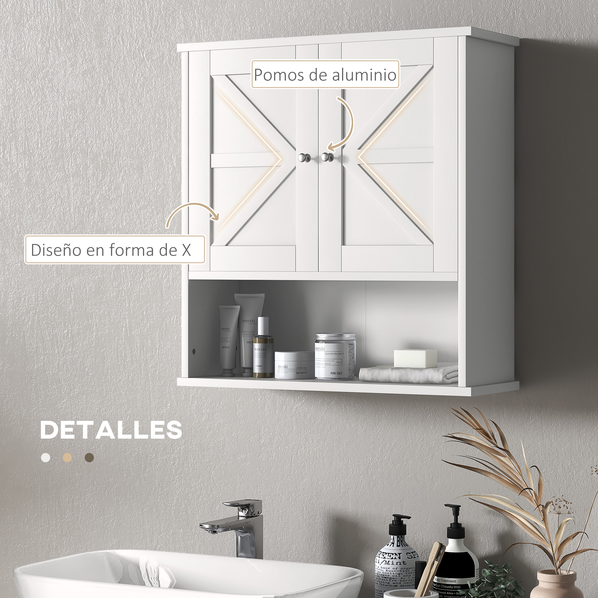 Armario de baño blanco con puertas en forma de X y pomos de aluminio, con productos.