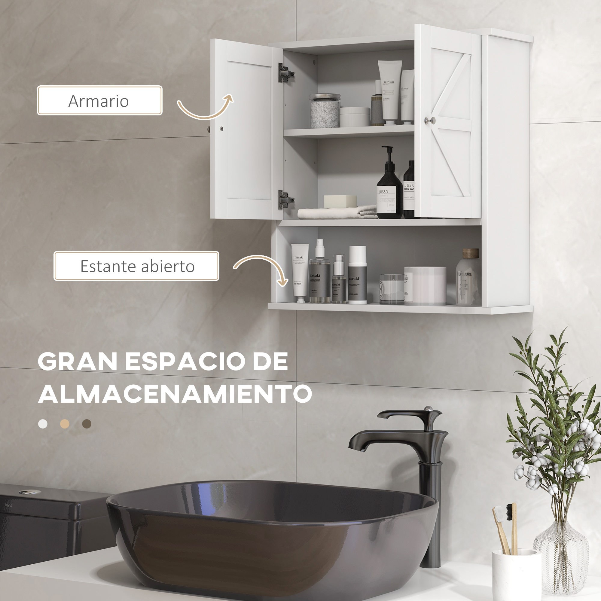 Un armario de baño blanco abierto sobre un lavabo con grifo oscuro.