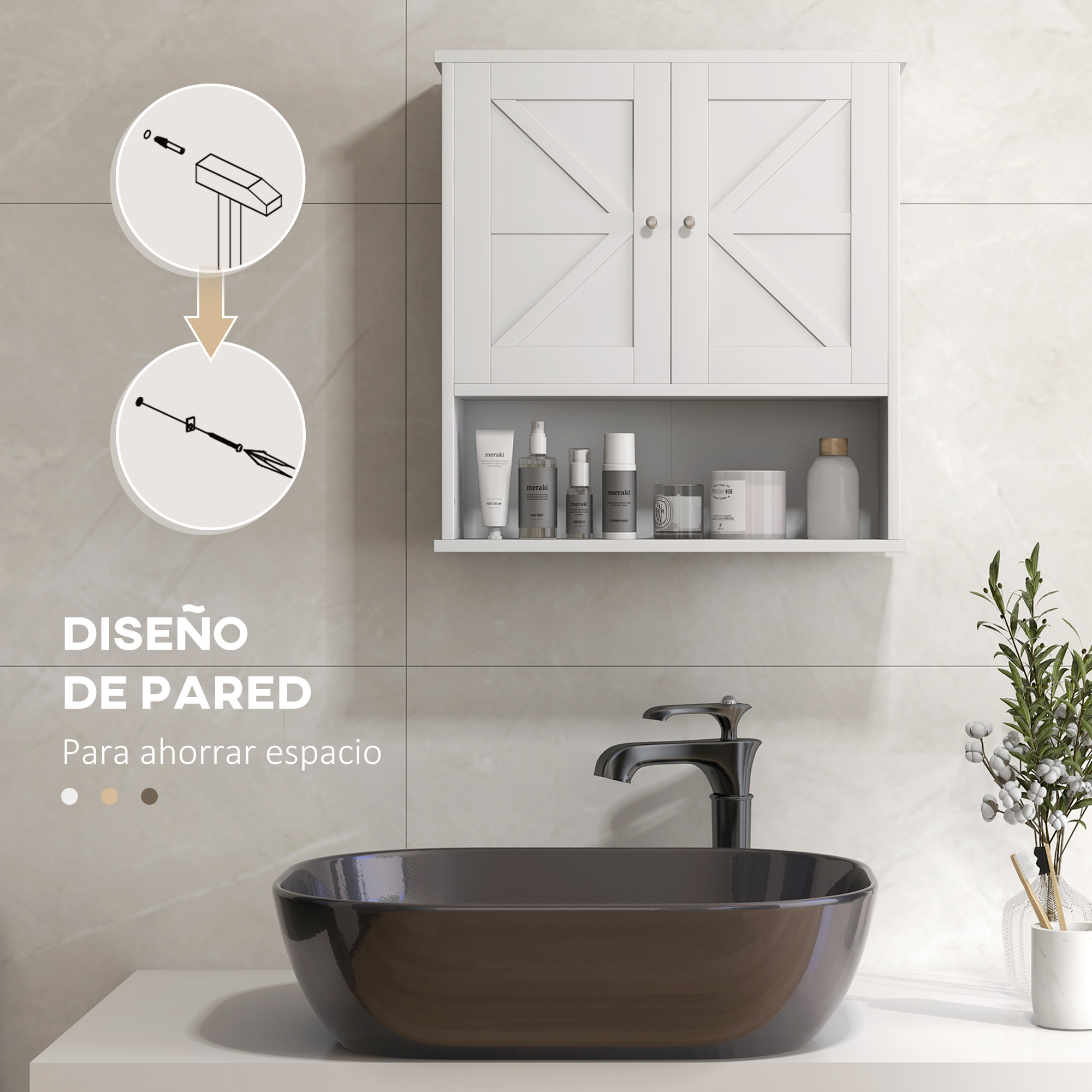 Un mueble de pared blanco sobre un lavabo con cuenco oscuro y grifo.