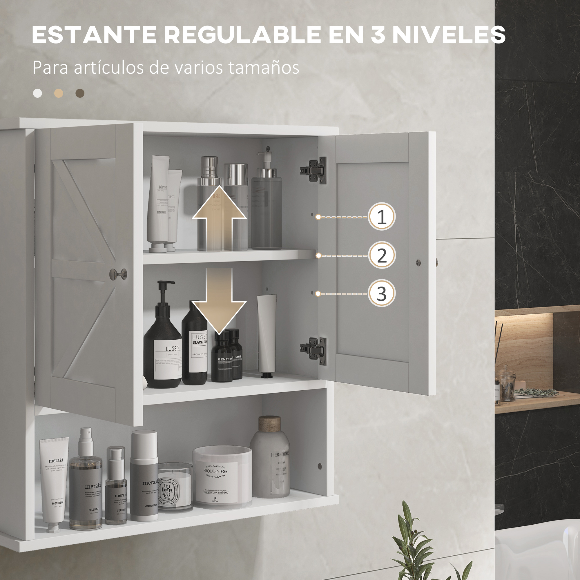 Un armario de baño blanco de tres estantes, lleno de cosméticos y botellas de jabón.