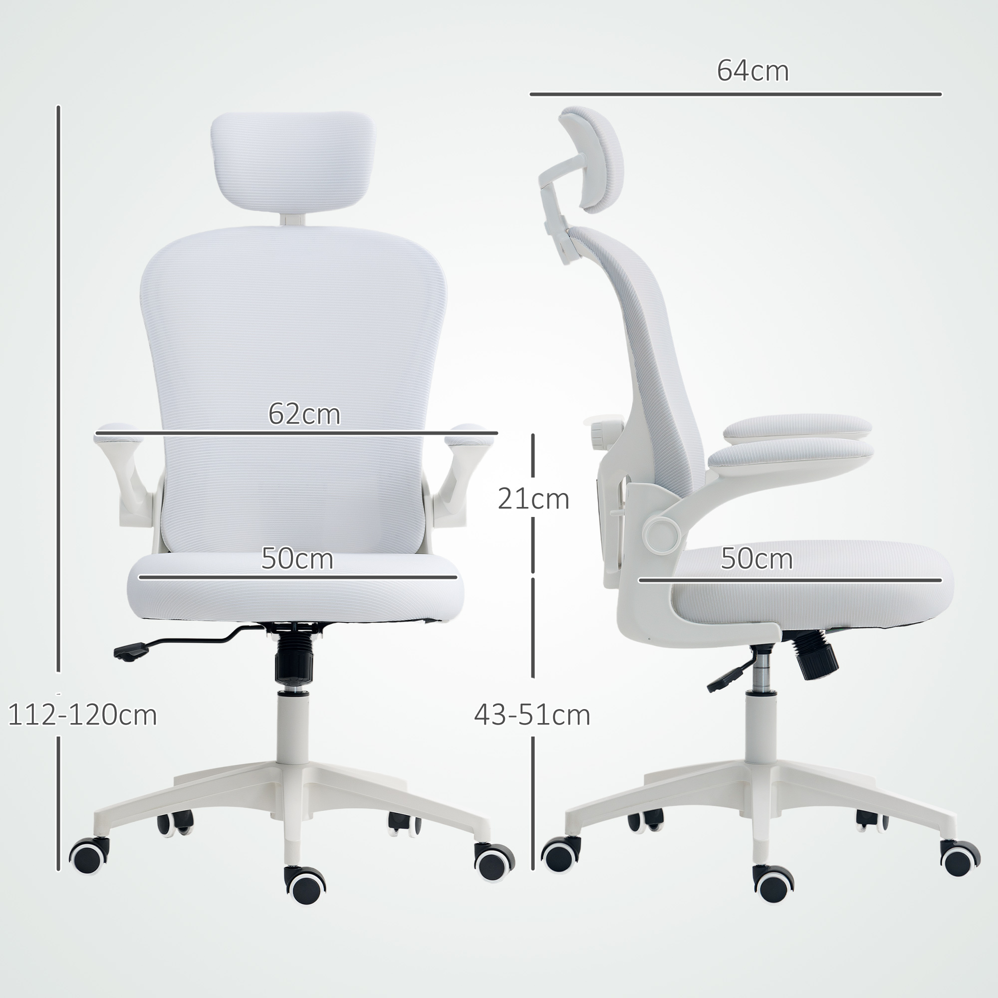 Una silla de oficina blanca con reposacabezas, se muestran las dimensiones.