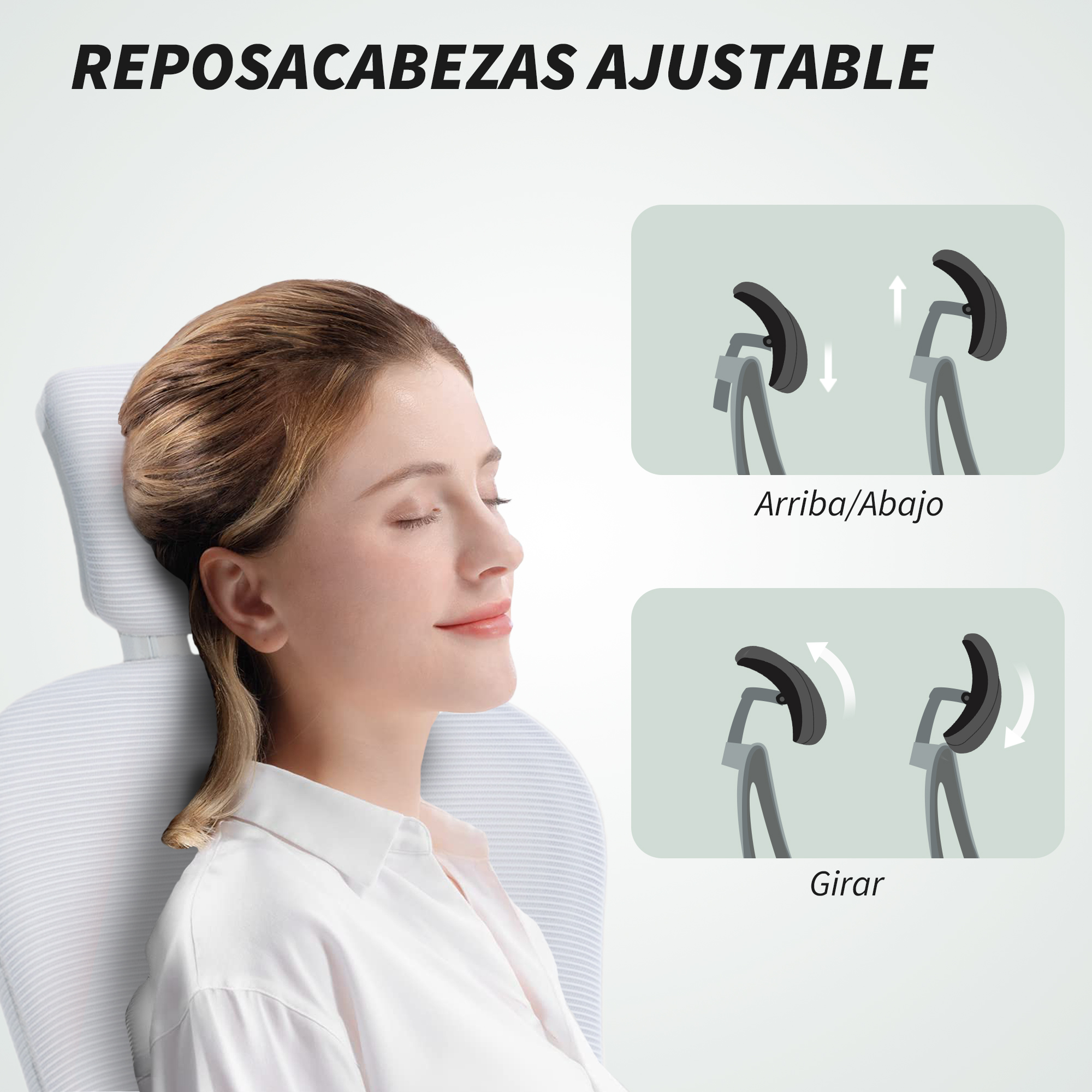 Mujer con ojos cerrados en una silla, con ilustraciones de ajuste del reposacabezas.