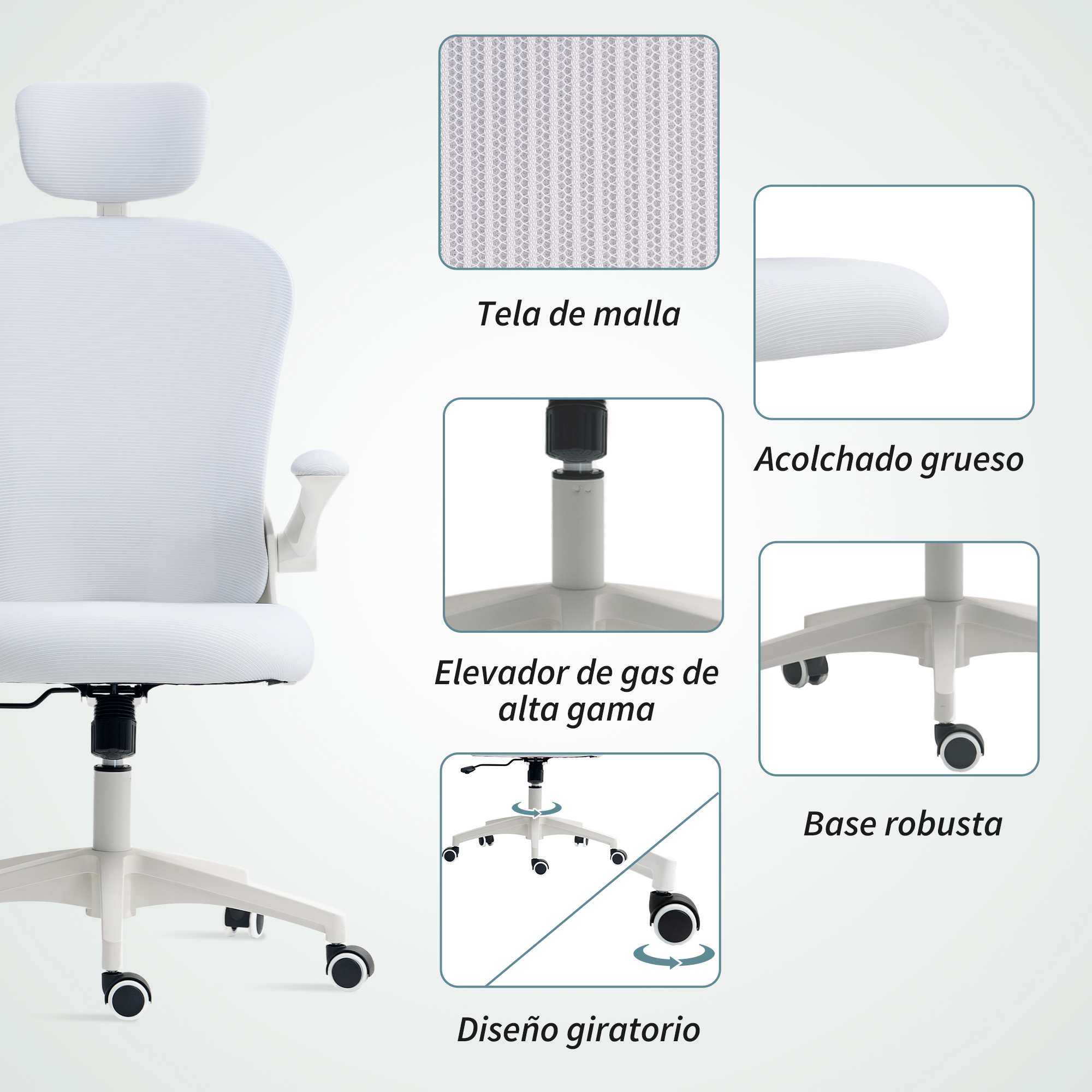 Detalles de silla de oficina blanca: tela de malla, acolchado grueso, elevador de gas.