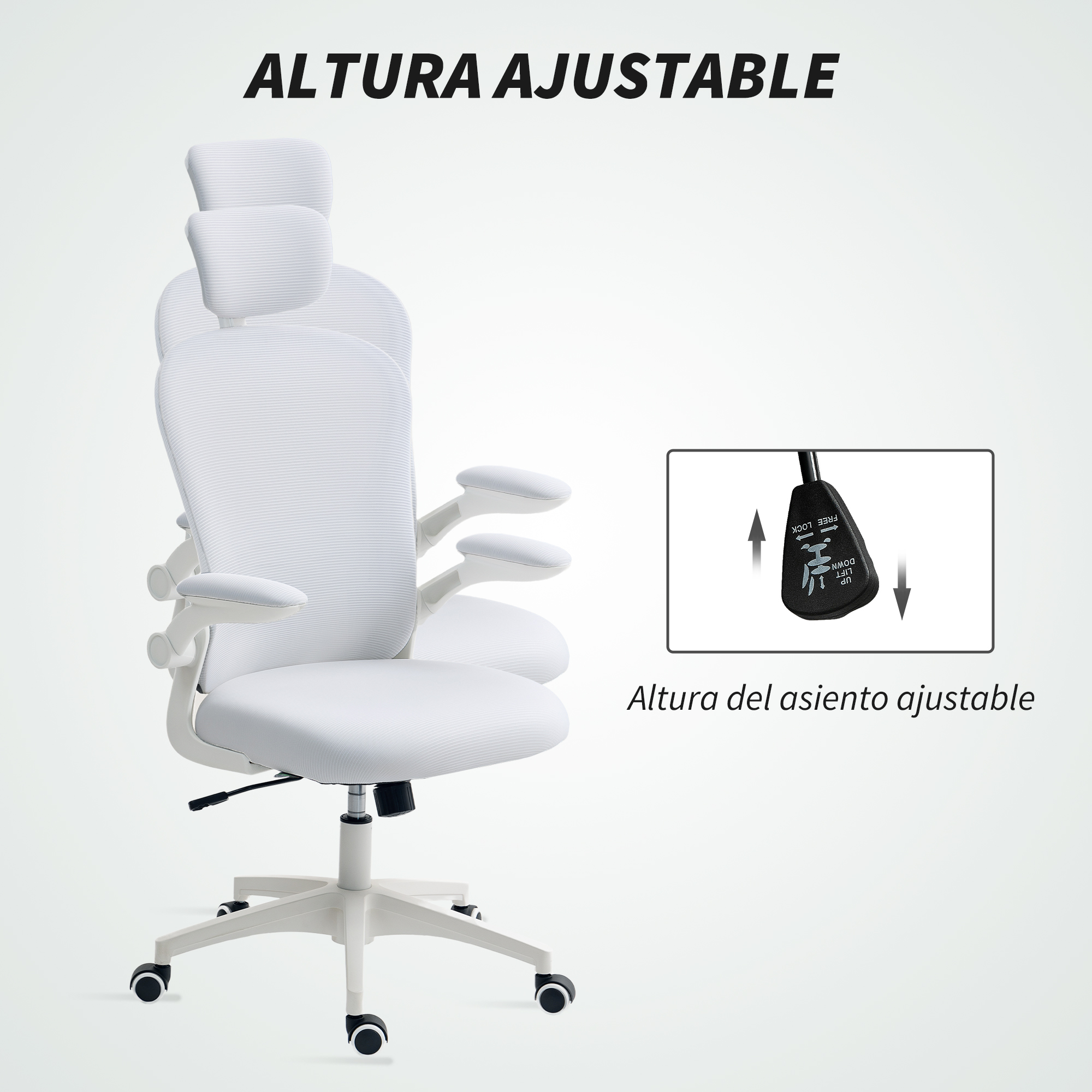 Una silla de oficina blanca con altura y reposacabezas ajustables.
