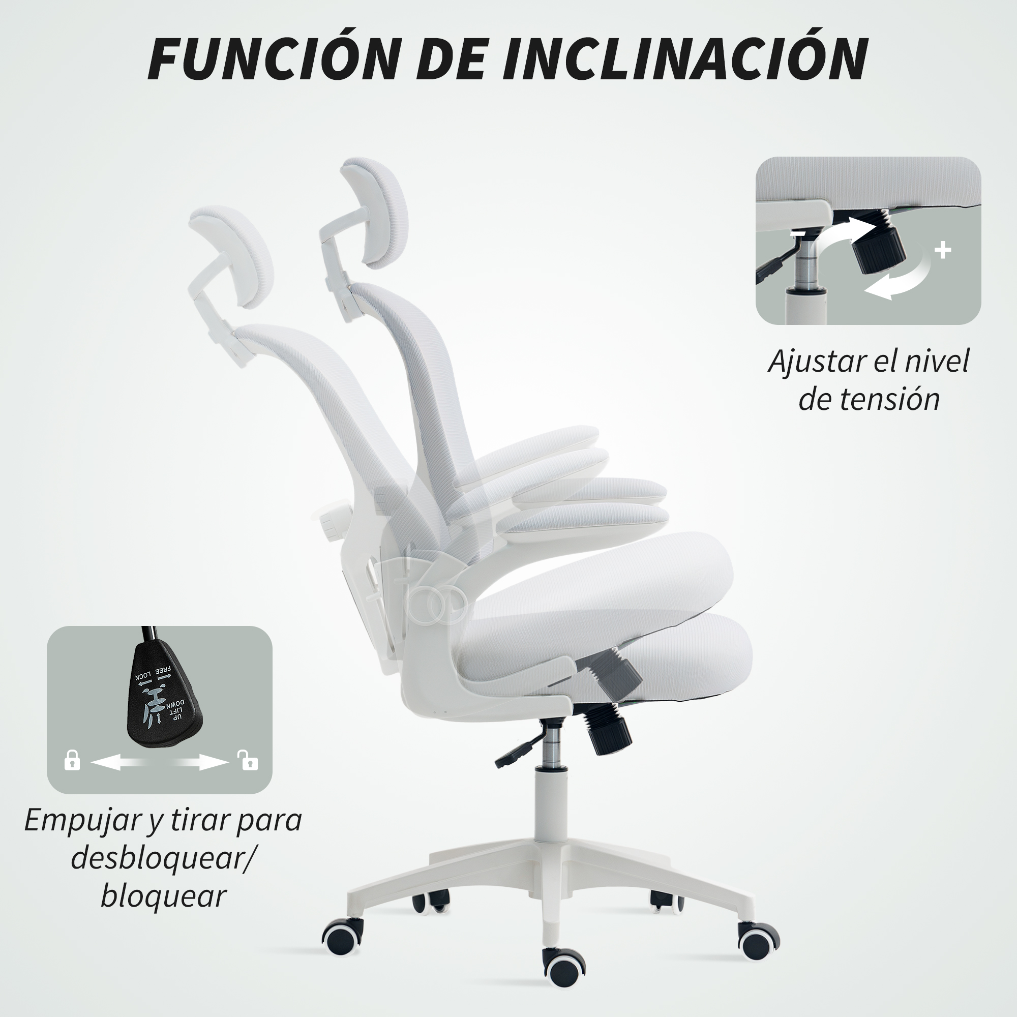 Una silla de oficina blanca con funciones de ajuste de inclinación y control de tensión.