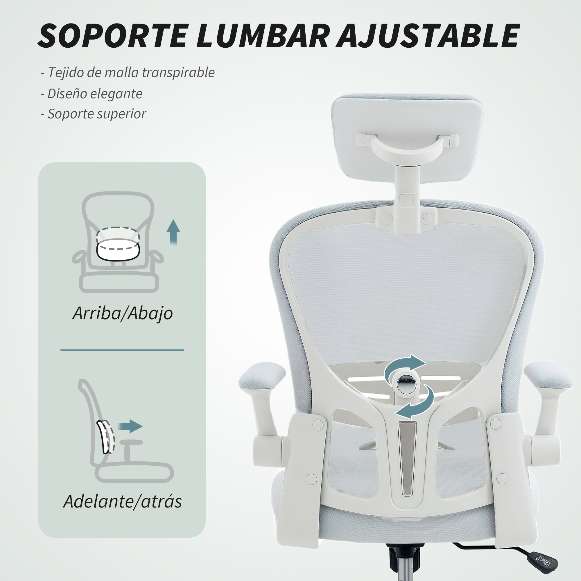 Una silla de oficina ajustable con respaldo de malla y reposacabezas. Diagramas a la izquierda.