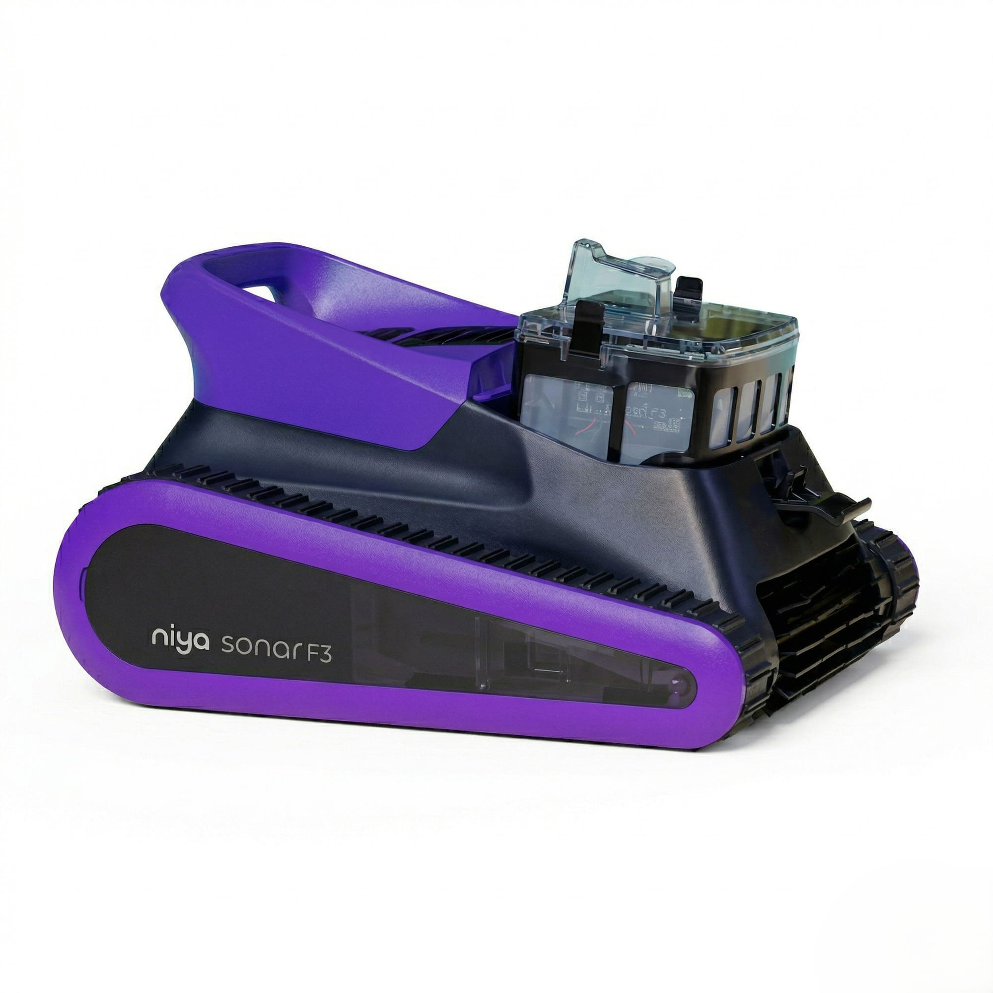Un robot morado y negro con orugas y tapa transparente.