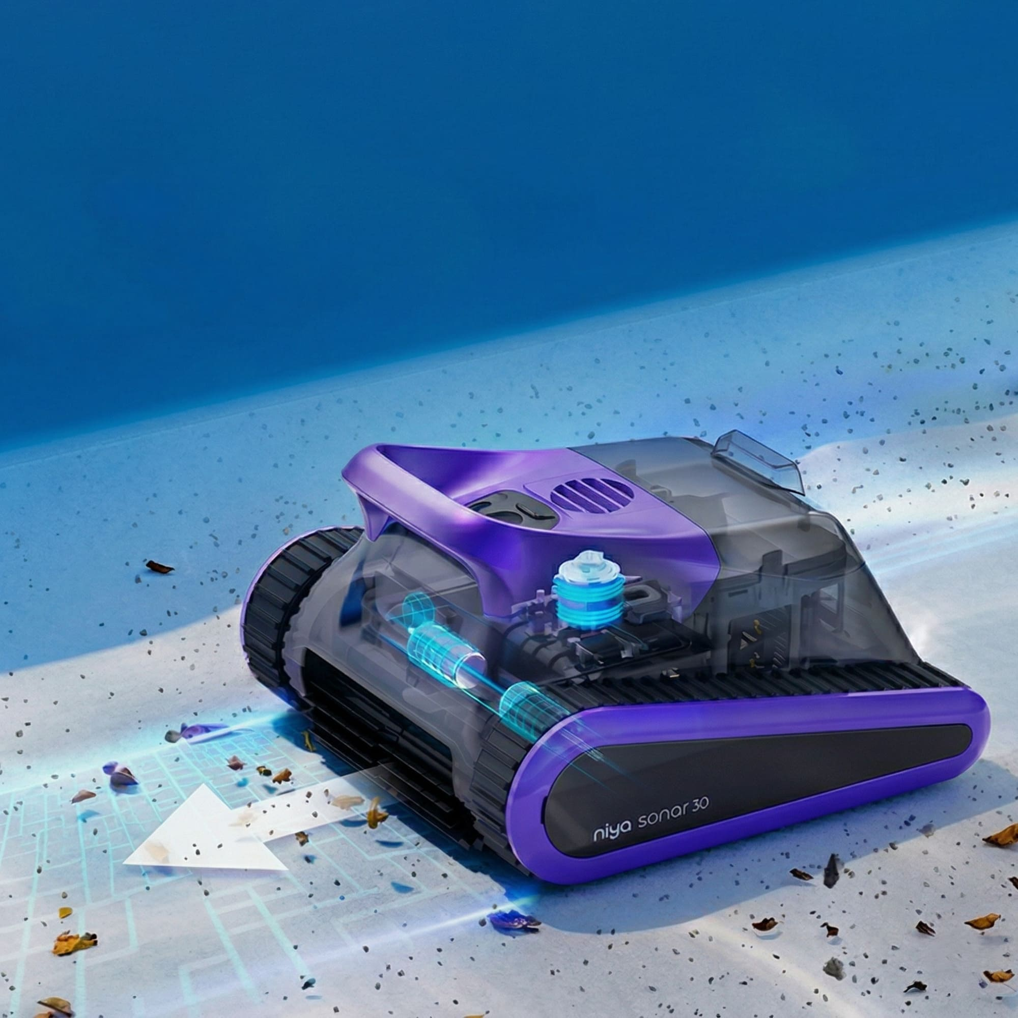 Un limpiador de piscina morado y negro con carcasa transparente, limpiando escombros.