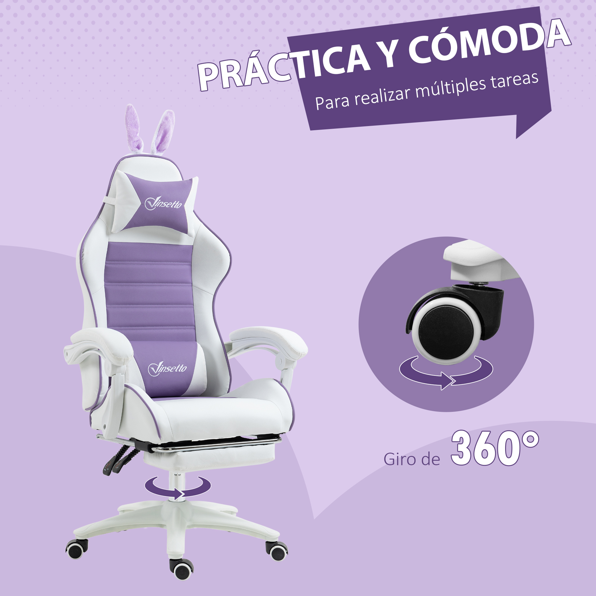 Una silla gamer blanca y morada con orejas de conejo y reposapiés extraíble.