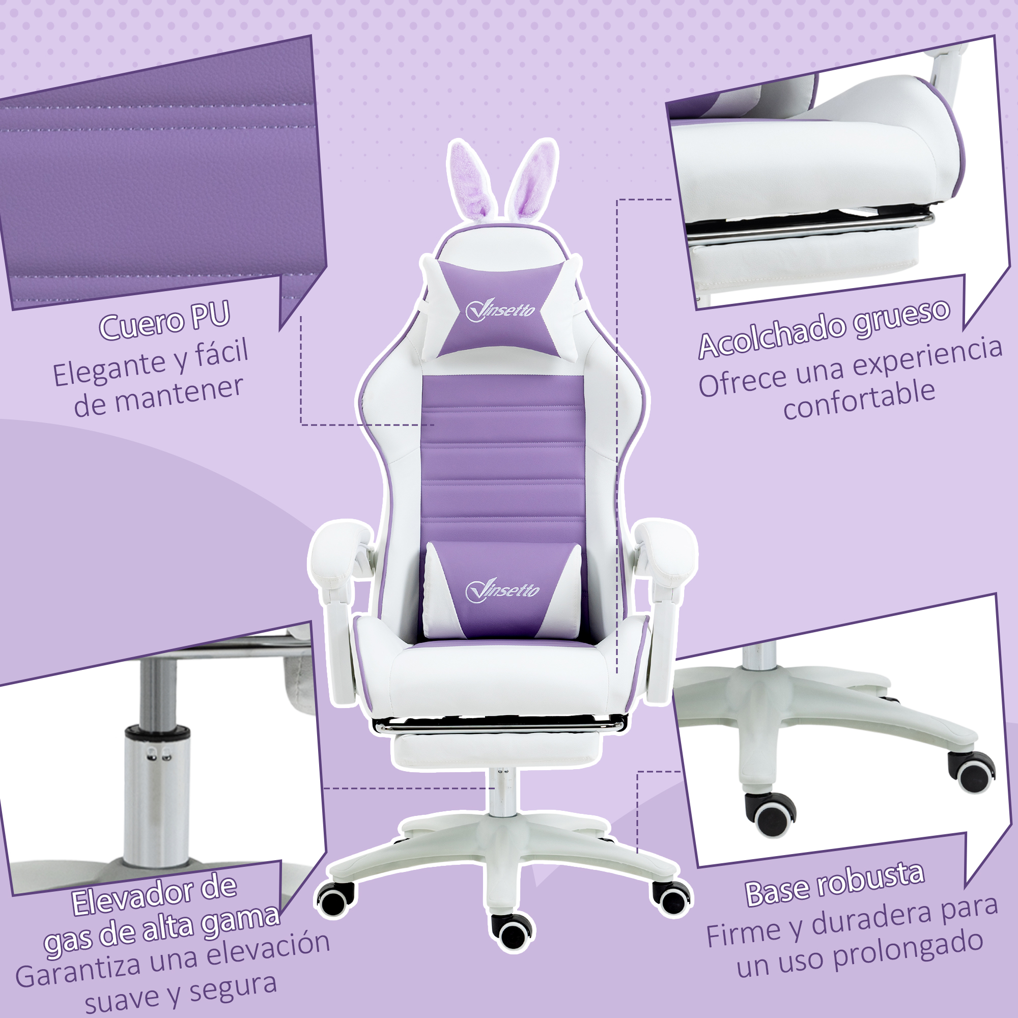 Una silla gaming blanca y morada con orejas de conejo, acolchada y ajustable.
