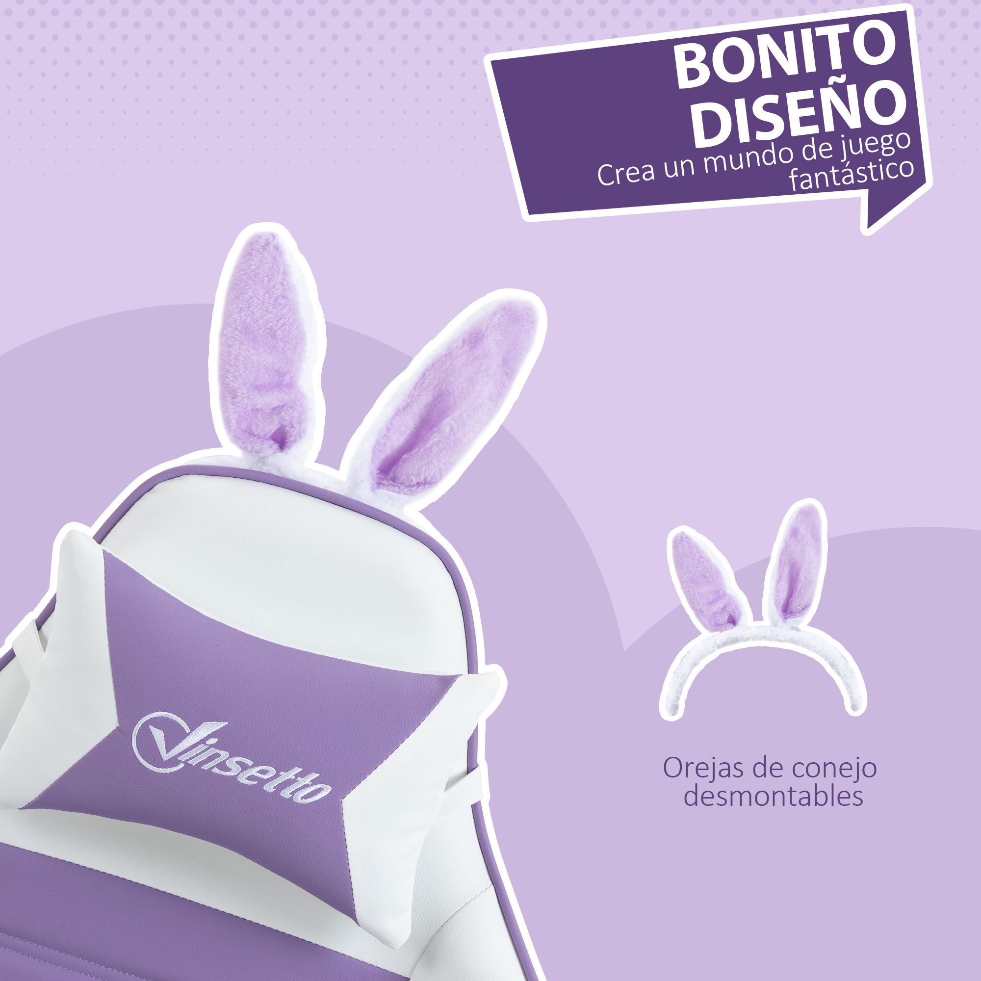Una silla blanca y morada con orejas de conejo y diadema.