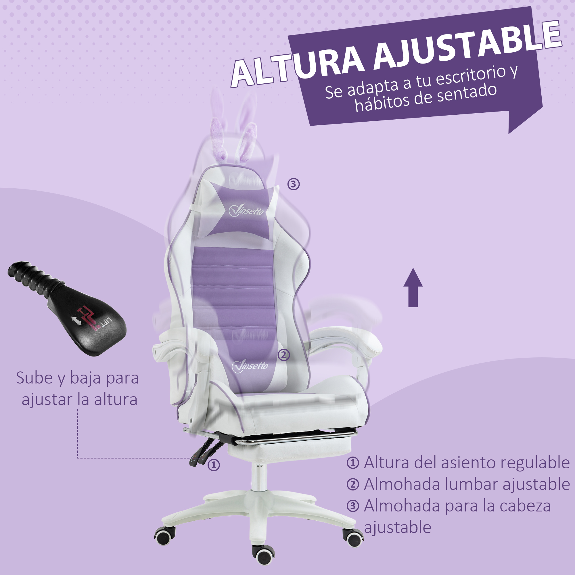 Una silla gamer blanca y morada con altura y cojines ajustables.