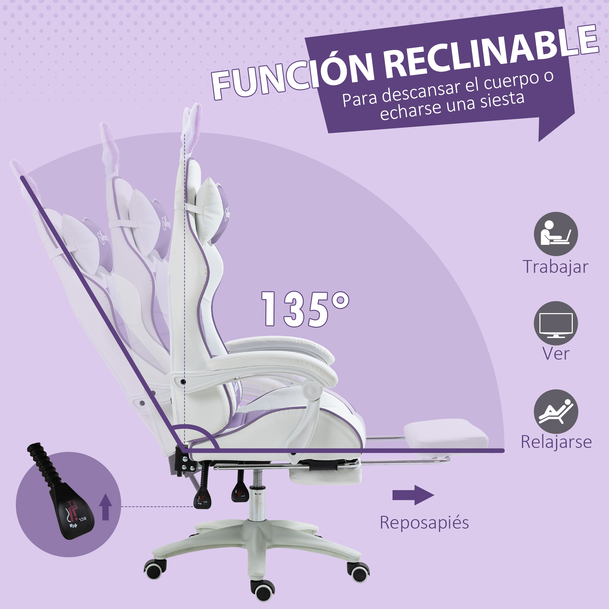 Una silla gamer blanca y morada con respaldo reclinable y reposapiés.