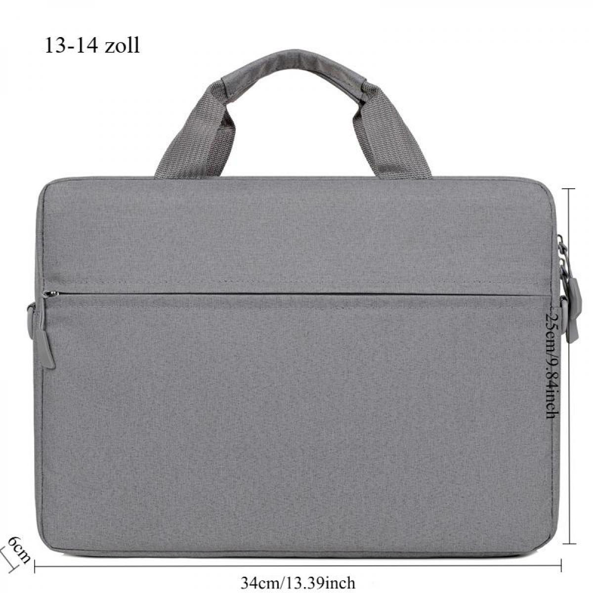 Graue Laptoptasche mit Griffen, Maße 34x25x6cm.