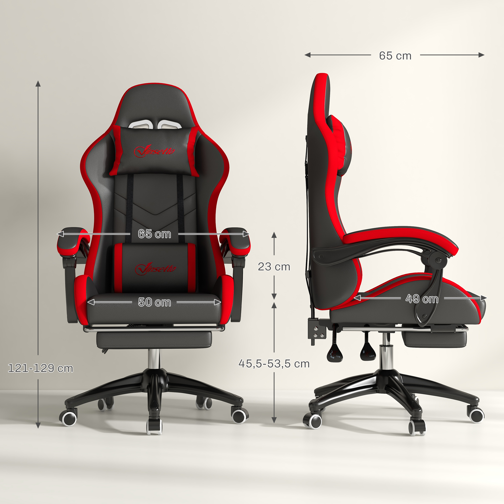 Silla gaming negra y roja con dimensiones y logo. Vista frontal y lateral.