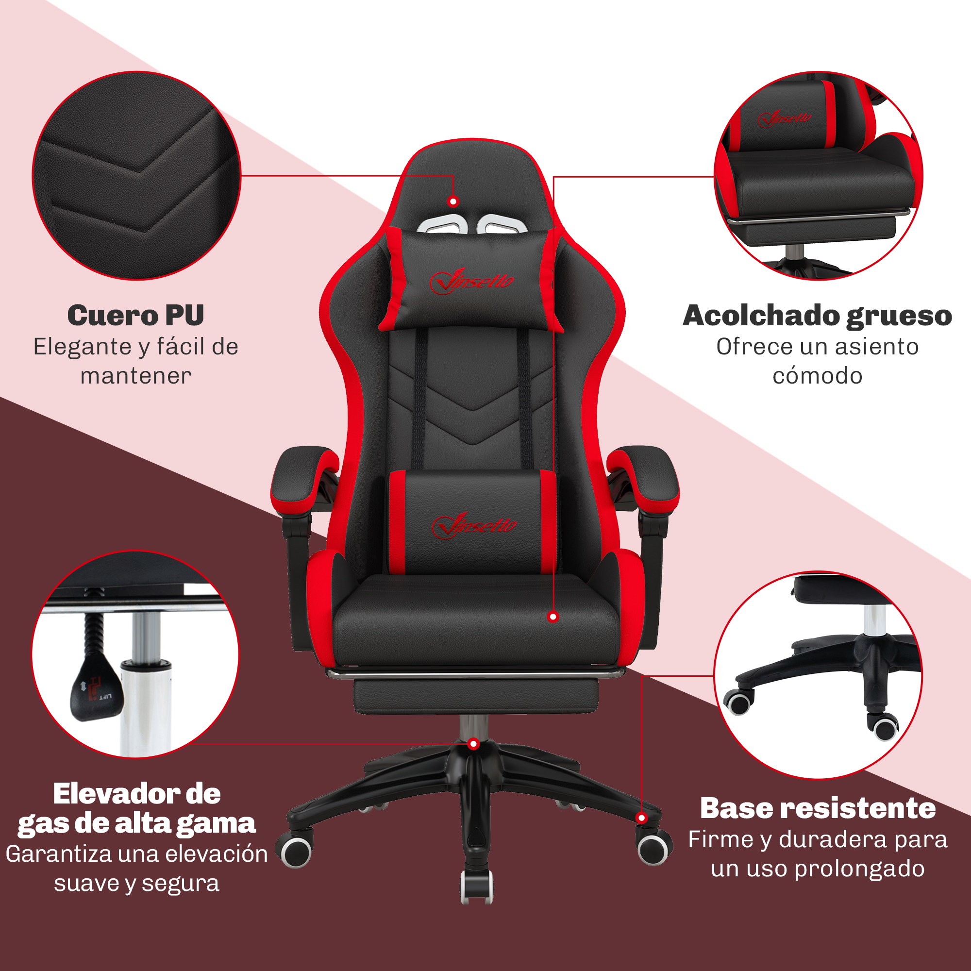 Silla gamer negra y roja con cojines lumbar y de cabeza. Confeccionada en cuero PU, acolchado grueso, elevador a gas y base robusta.