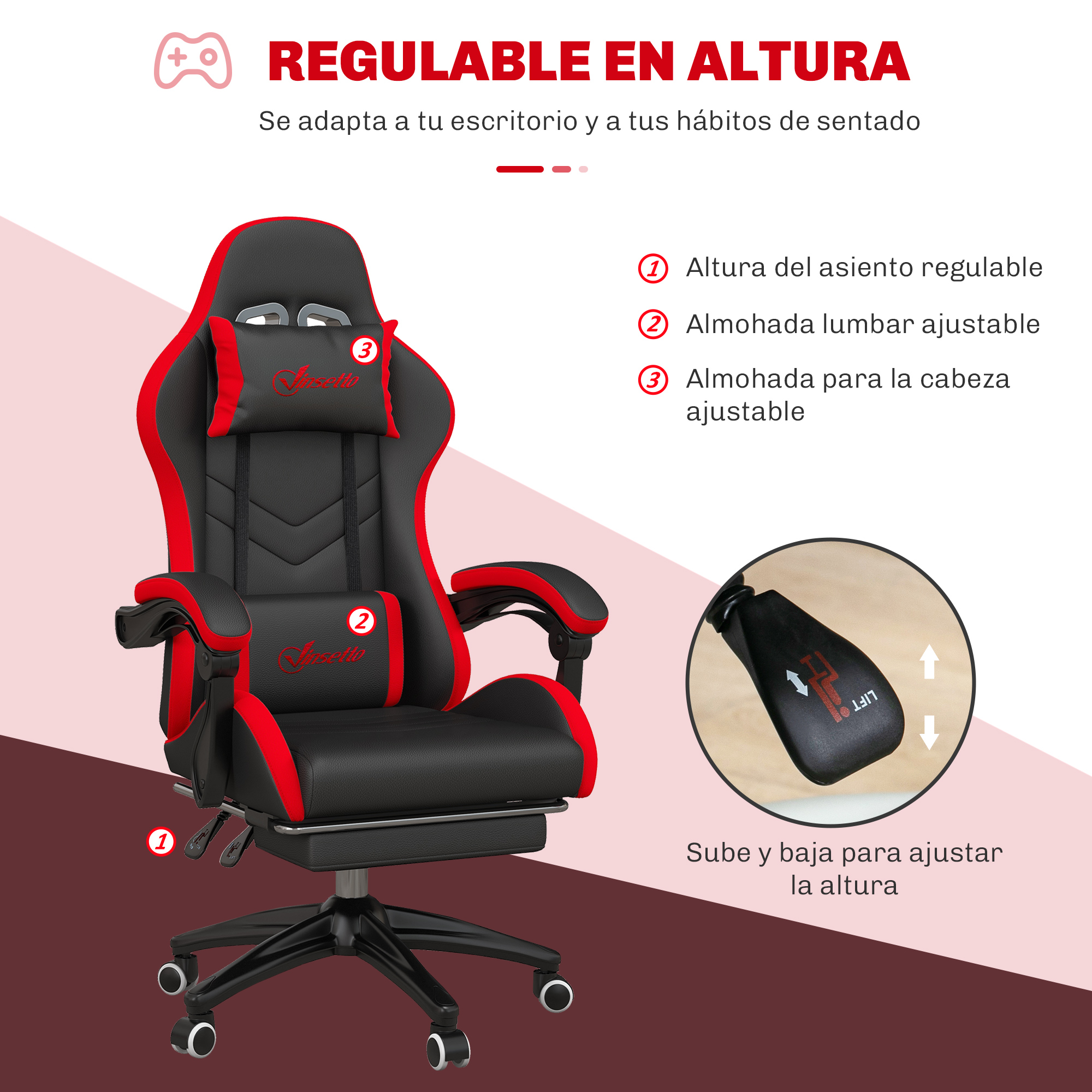 Silla gamer negra y roja con altura de asiento, lumbar y reposacabezas ajustables.