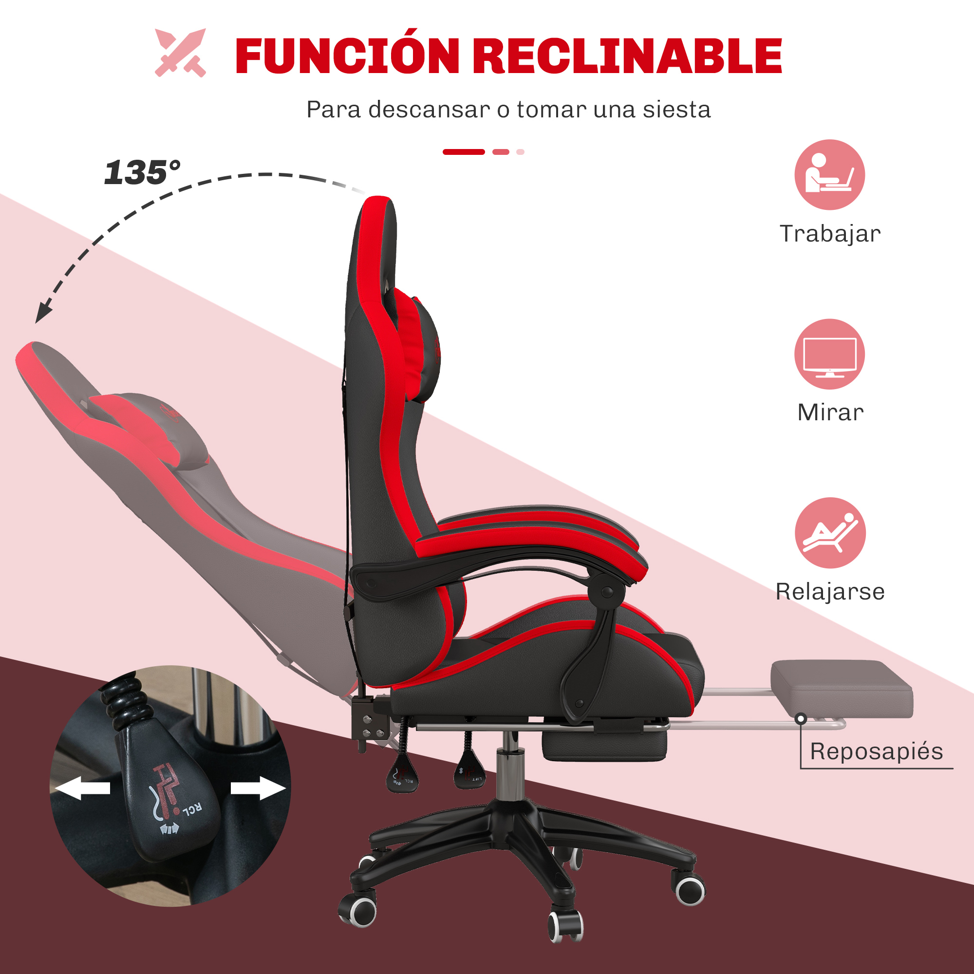 Silla de oficina negra y roja con reposapiés extensible e indicador de reclinación.