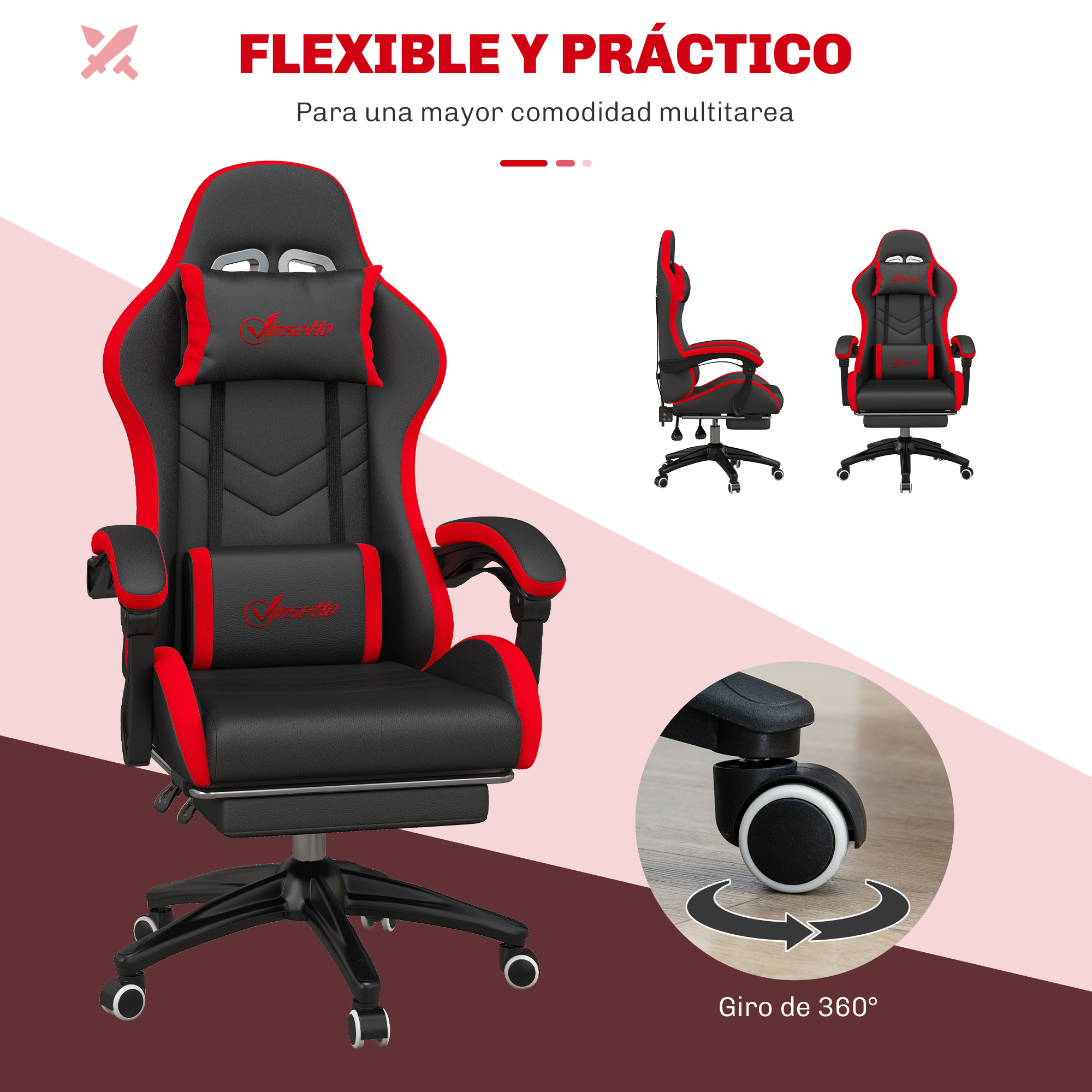 Silla gamer negra con detalles rojos y reposapiés extraíble.