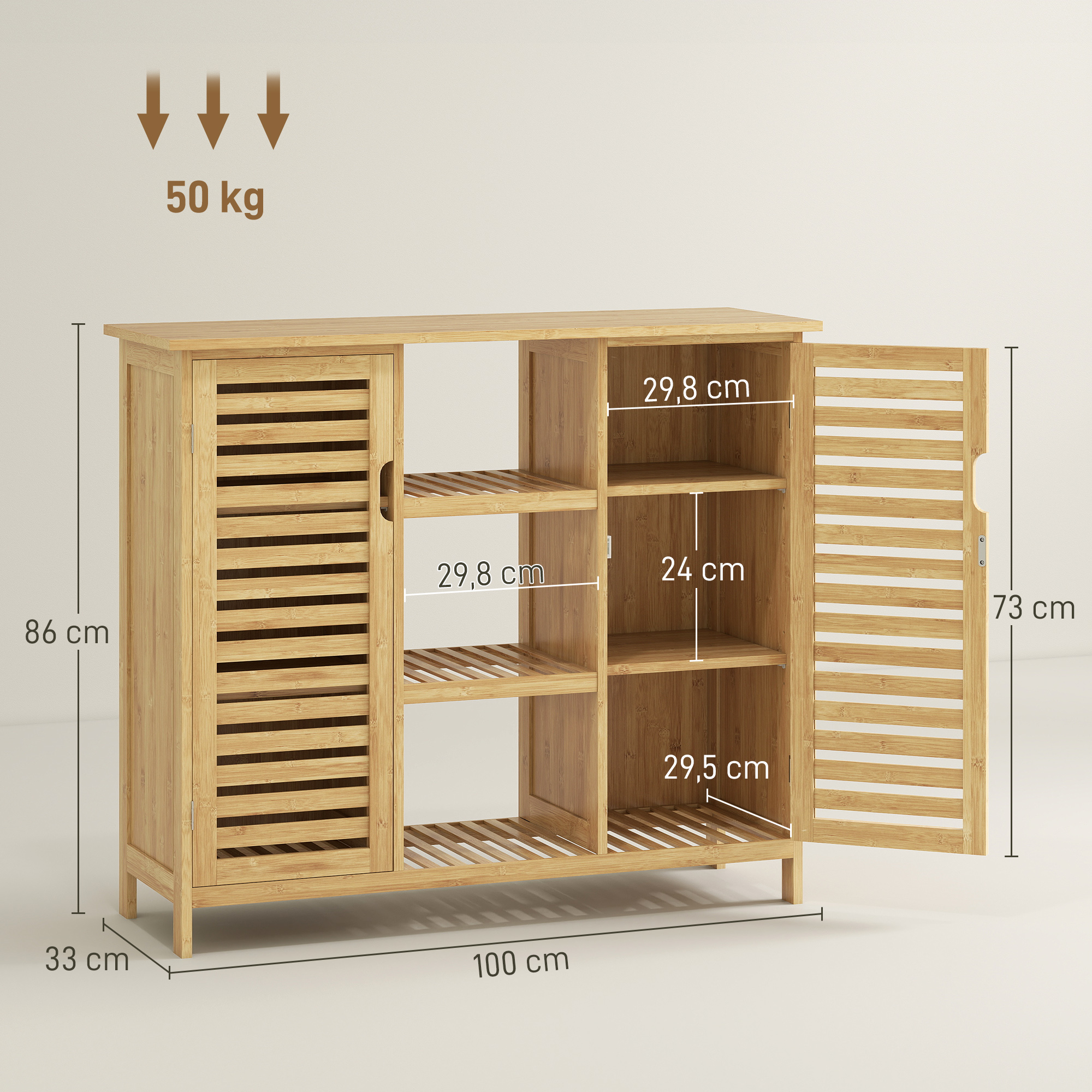 Mueble de bambú con puerta, estantes abiertos y medidas.