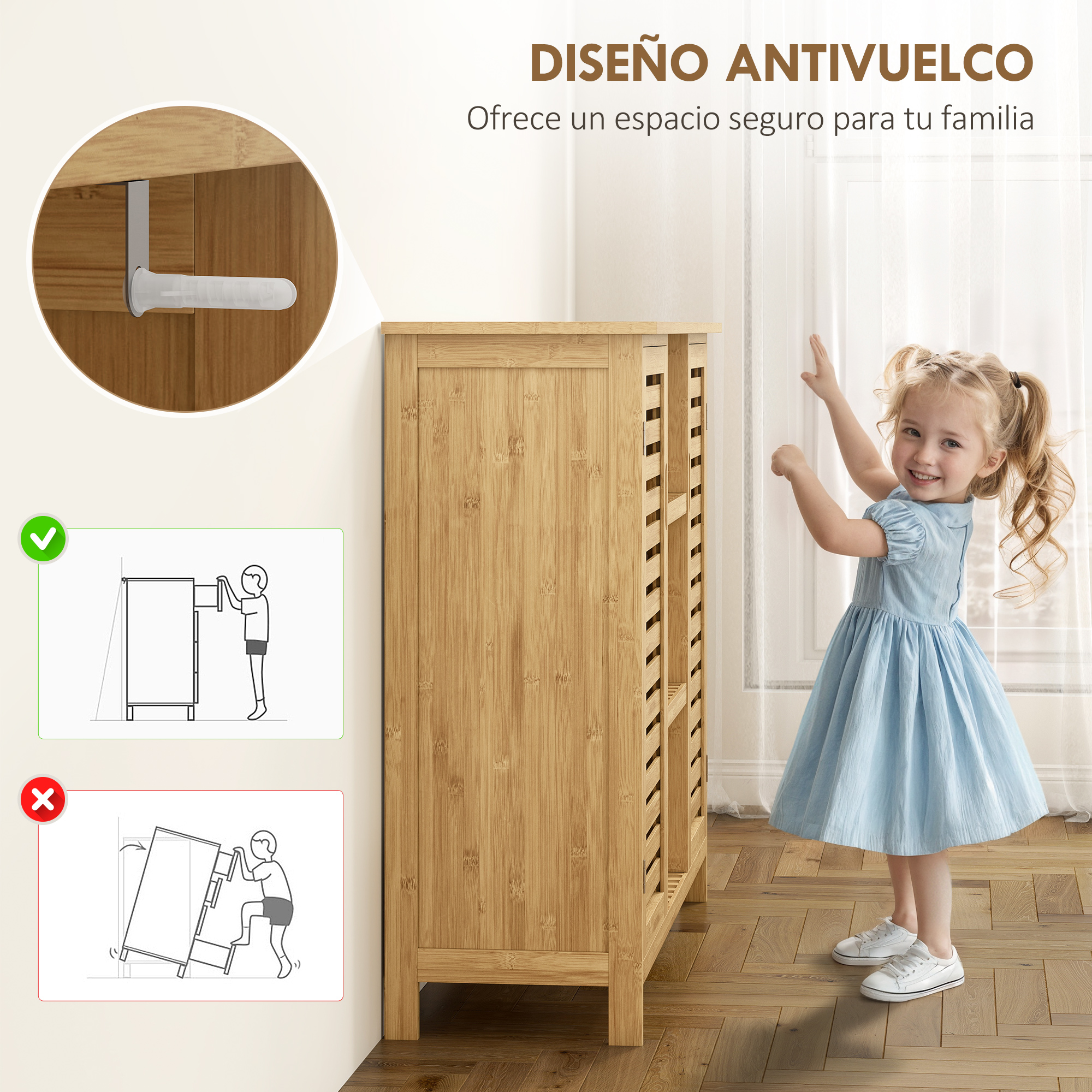 Una niña con vestido azul junto a un mueble de madera asegurado con un soporte de pared.