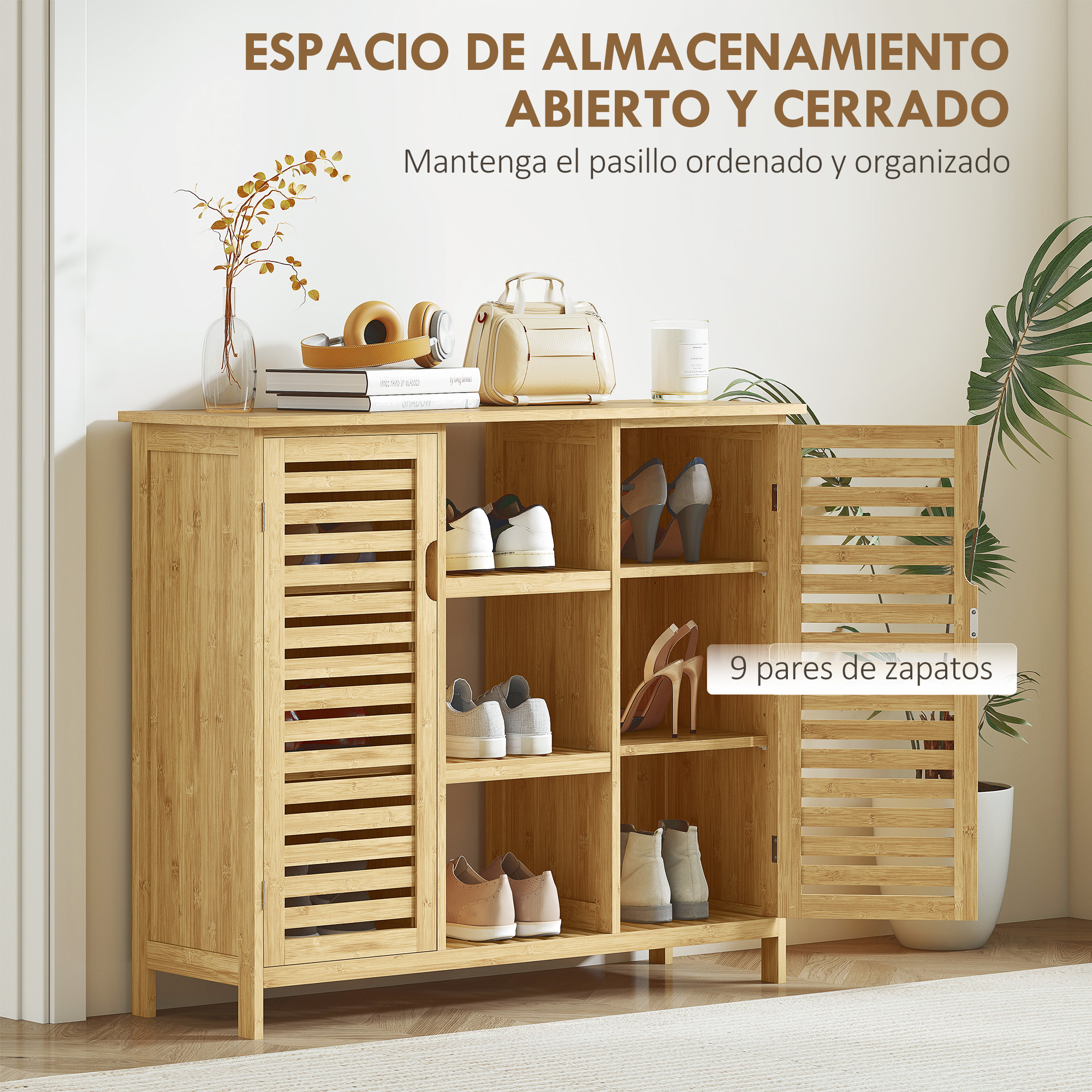 Mueble para zapatos de bambú con puertas de lamas, con zapatos, libros y decor.